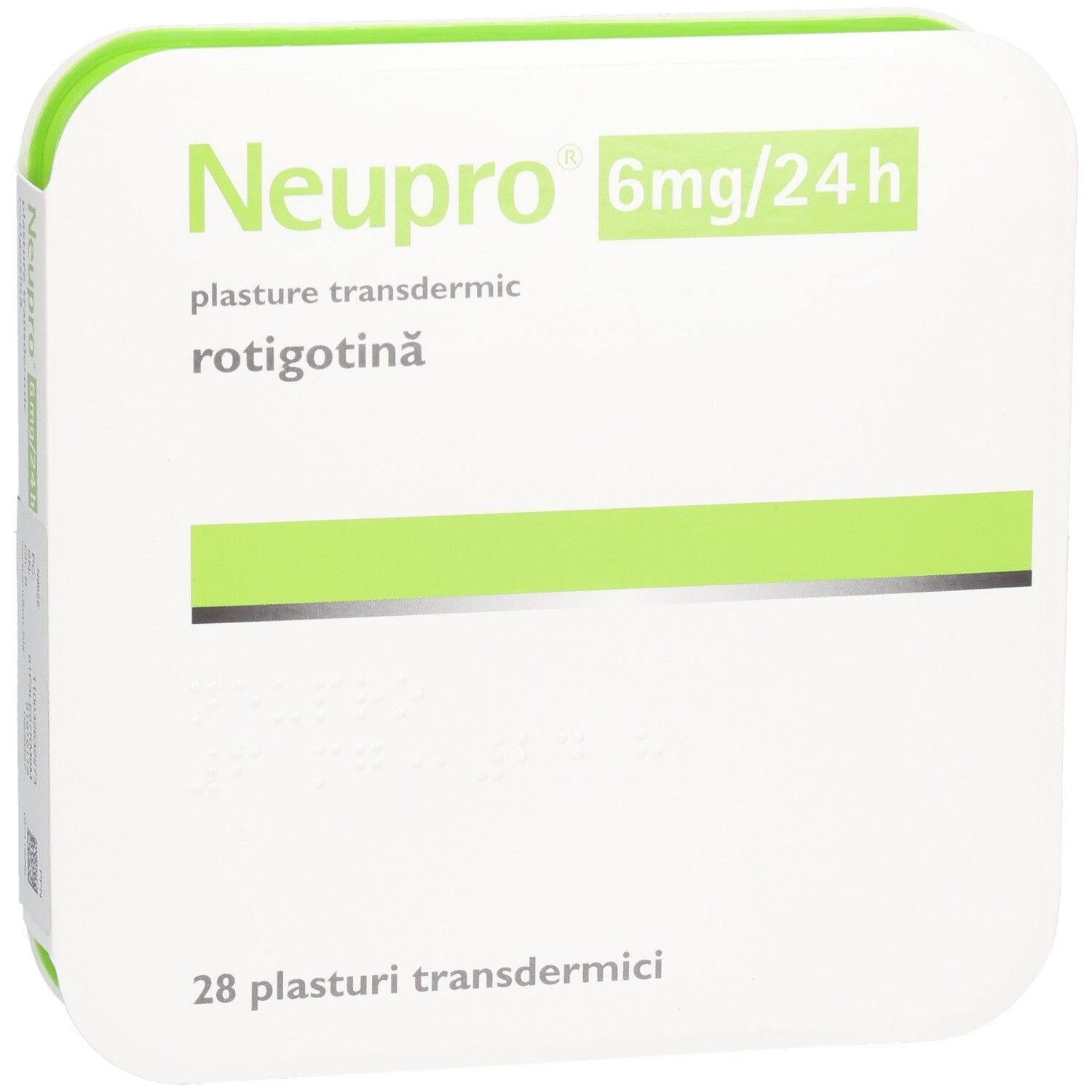 Quadratische Verpackung. Oben: Neupro 6mg/24h. Grün-weiße Farbgebung. 28 transdermale Pflaster.