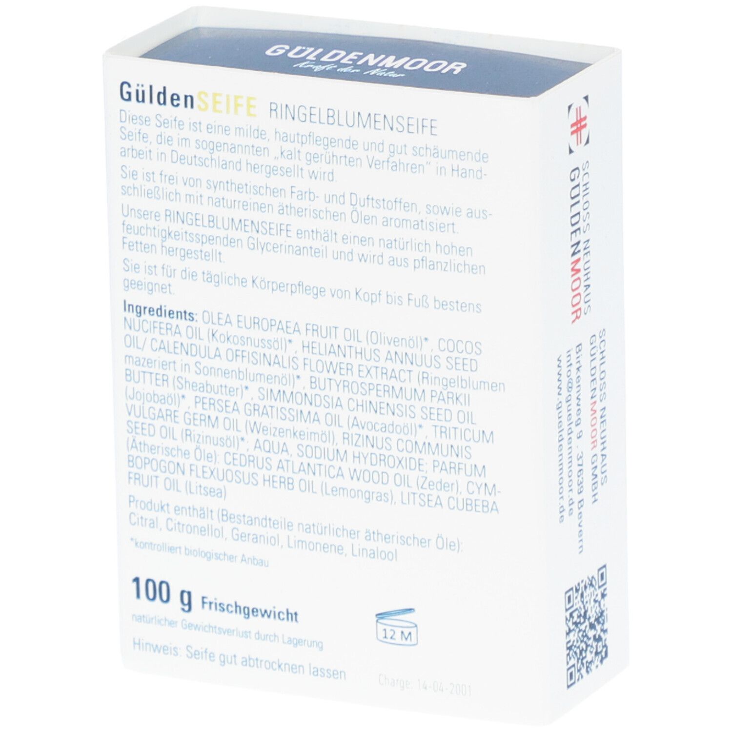 Rückseite der weißen Kartonverpackung. Text: Inhaltsstoffe, 100 g Frischgewicht, 12M-Symbol. Logo: GÜLDENMOOR, GüldenSEIFE Ringelblumenseife.