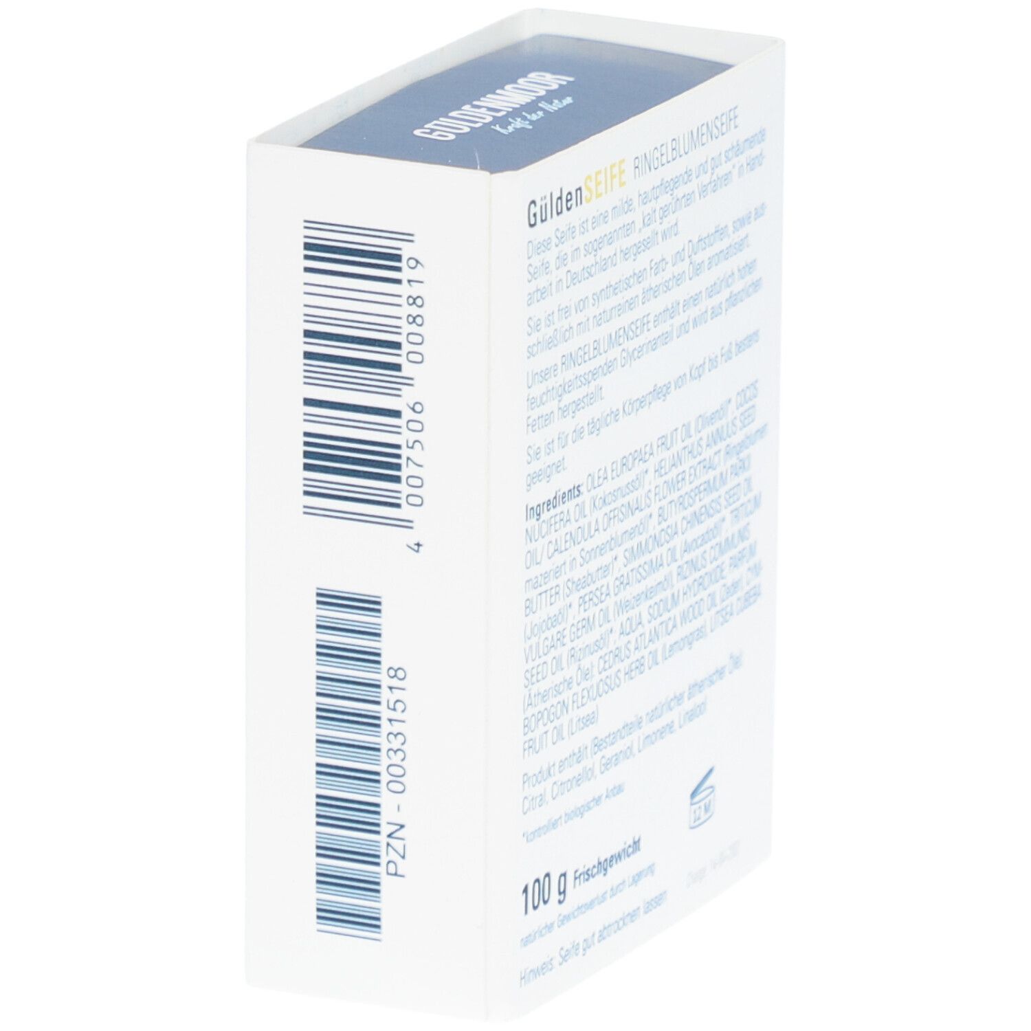 Rückseite der weißen Kartonverpackung. Text: Inhaltsstoffe, 100 g Frischgewicht, PZN-Code. Logo: GÜLDENMOOR, GüldenSEIFE Ringelblumenseife.