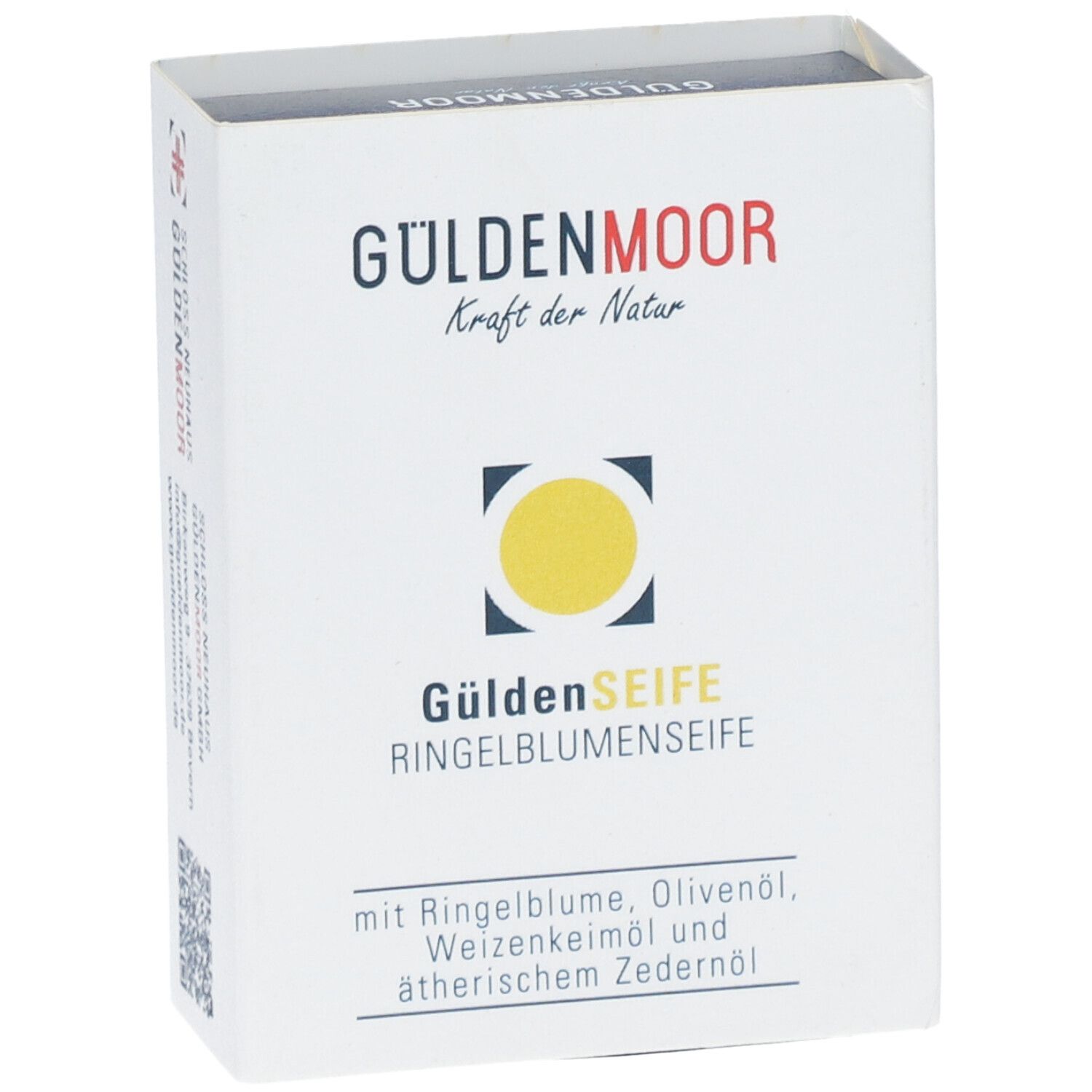 Weiße Kartonverpackung. Aufdruck: GÜLDENMOOR, GüldenSEIFE Ringelblumenseife. Logo: gelber Kreis. Text: Inhaltsstoffe.