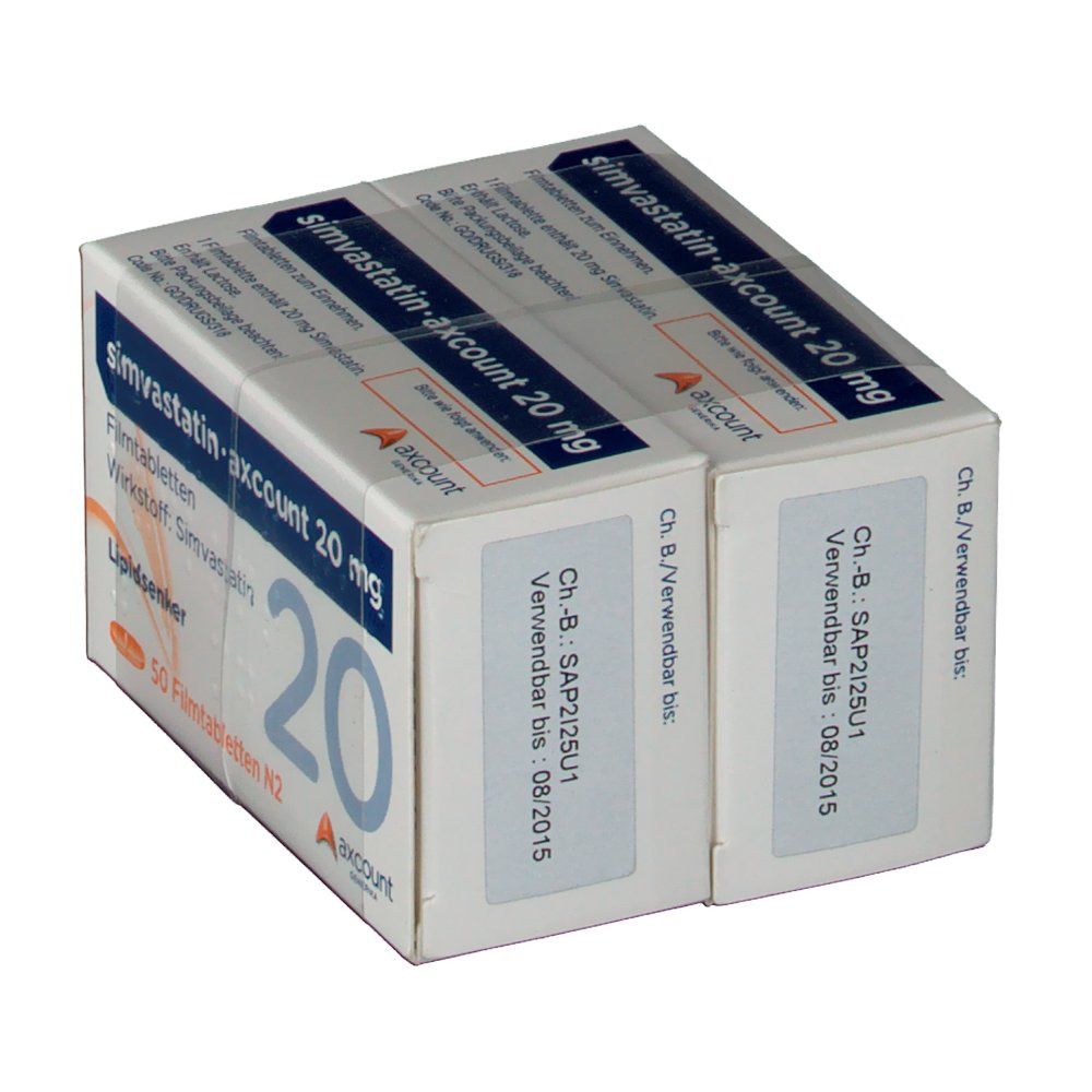 Zwei Packungen Simvastatin-axcount 20 mg Filmtabletten. Weiße Schachteln mit blauer Schrift. Verfallsdatum 08/2015.