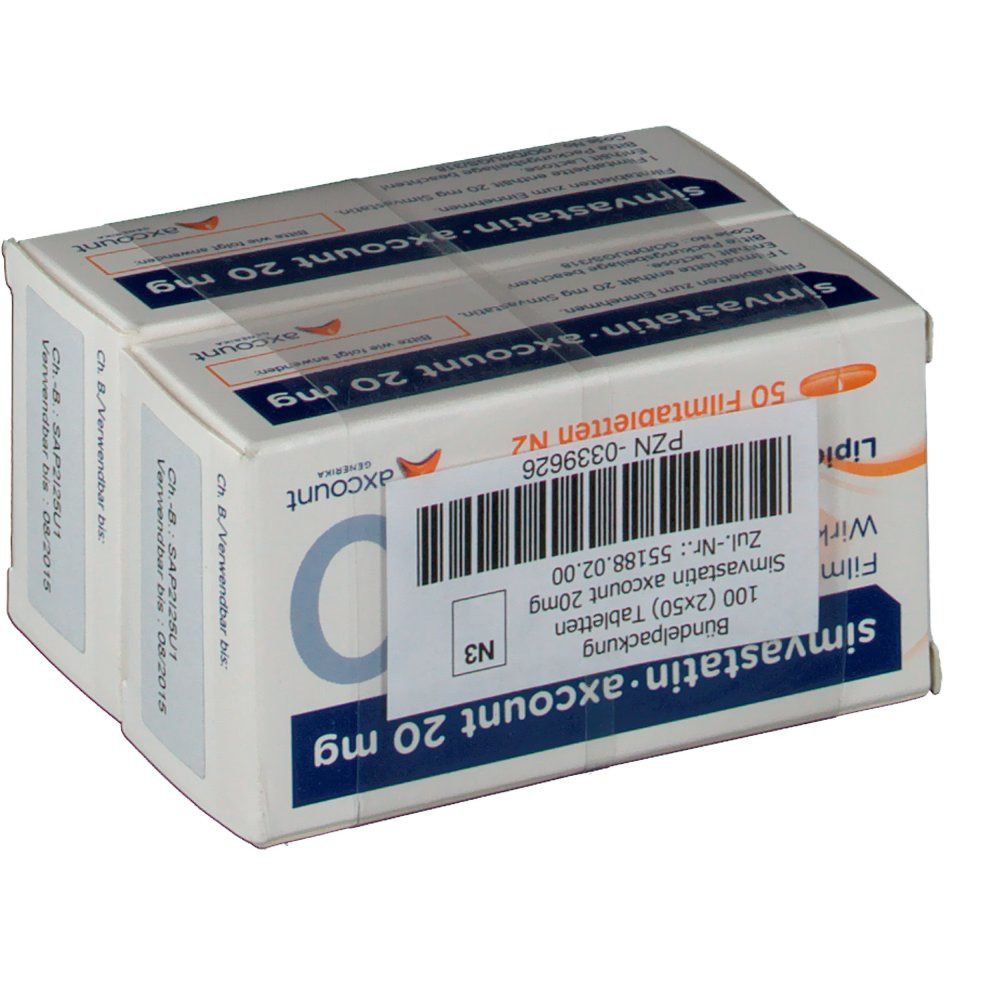 Packung Simvastatin-axcount 20 mg Filmtabletten. Weiße Schachtel mit blauer Schrift. Enthält 100 Tabletten (2x50).
