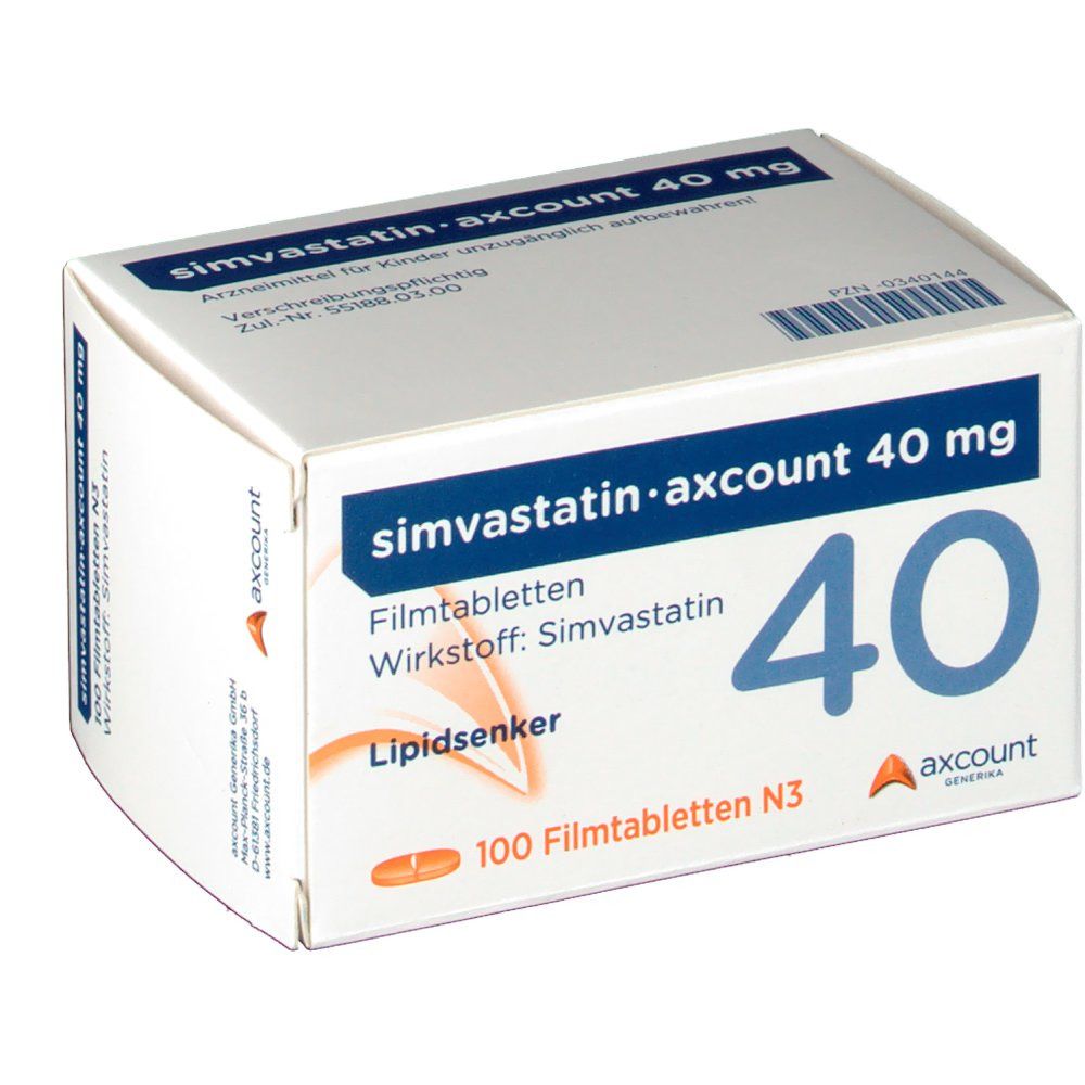 Weiße Schachtel mit blauer Schrift: simvastatin-axcount 40 mg. Enthält 100 Filmtabletten. Orangefarbener Streifen mit "Lipidsenker".