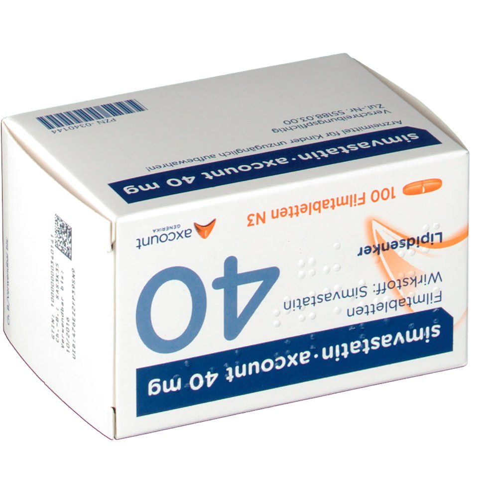 Weiße Schachtel mit blauer Schrift: simvastatin-axcount 40 mg. Enthält 100 Filmtabletten. Orangefarbener Streifen mit "Lipidsenker".
