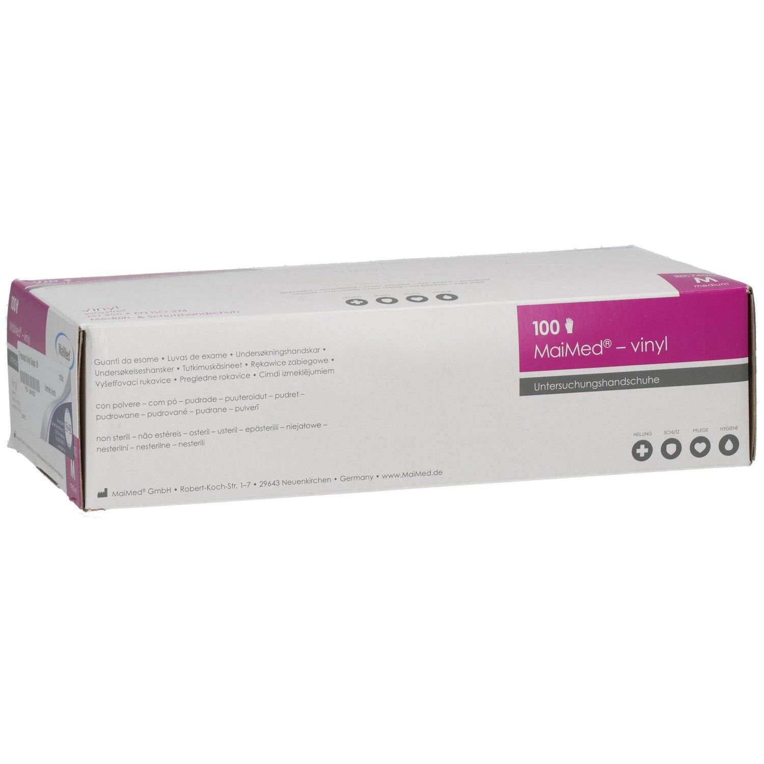 Verpackung von MaiMed®-Vinyl-Untersuchungshandschuhen, Größe M, 100 Stück. Weiße Schachtel mit pinkfarbenen Details und Produktinformationen.
