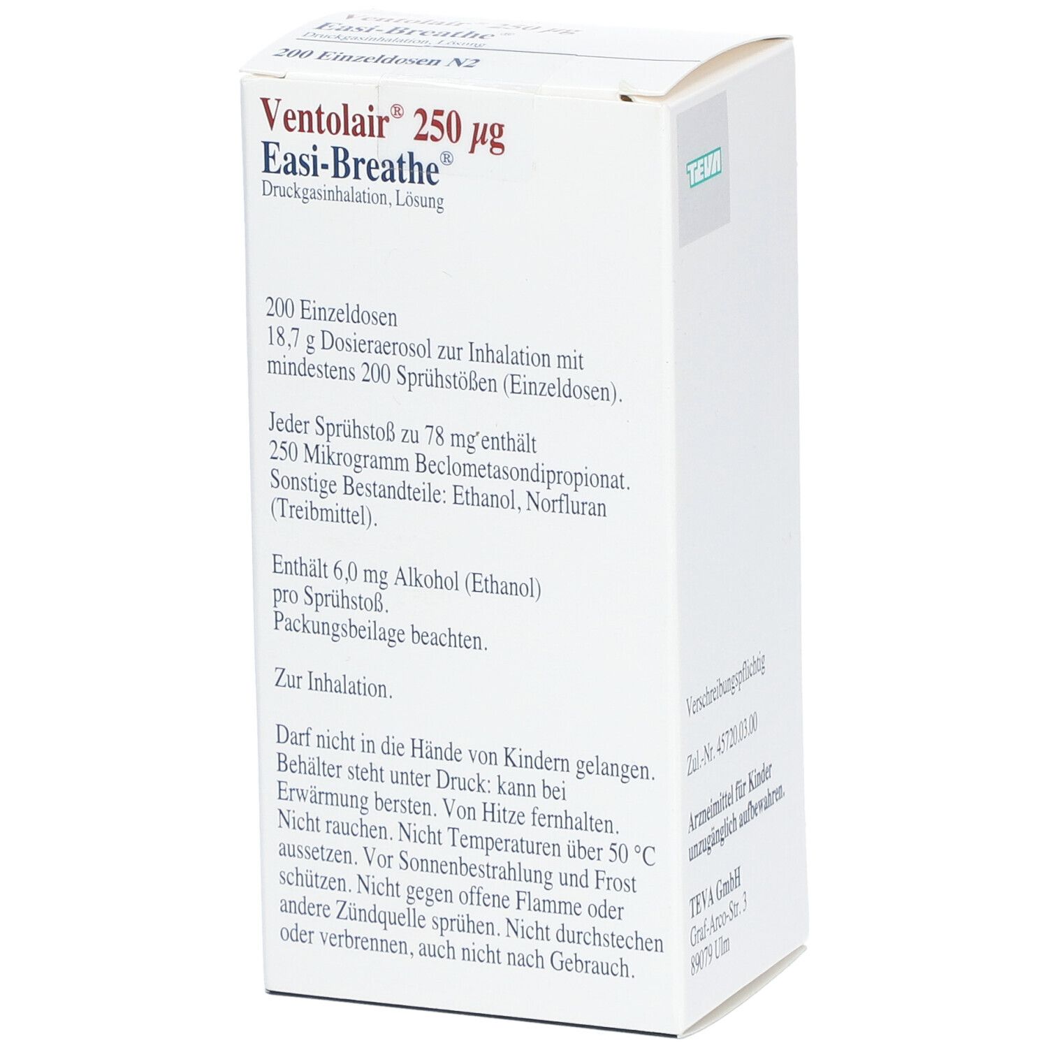 Schachtel mit Text. Ventolair 250 µg Easi-Breathe. Aufschrift: 200 Einzelosen. Logo TEVA. Text: Zur Inhalation.