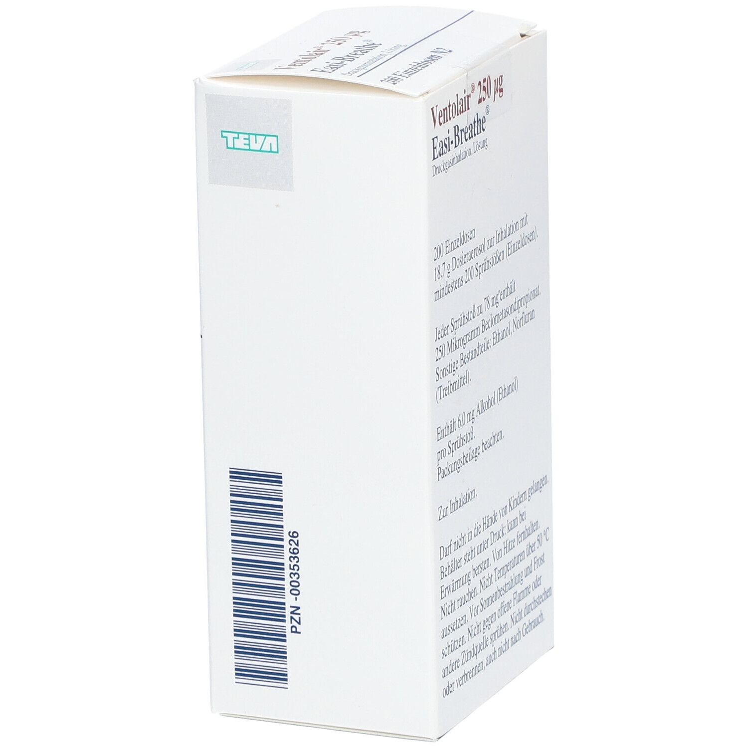 Weiße Schachtel mit Barcode. Ventolair 250 µg Easi-Breathe. Logo TEVA. Aufschrift: 200 Einzelosen N2.