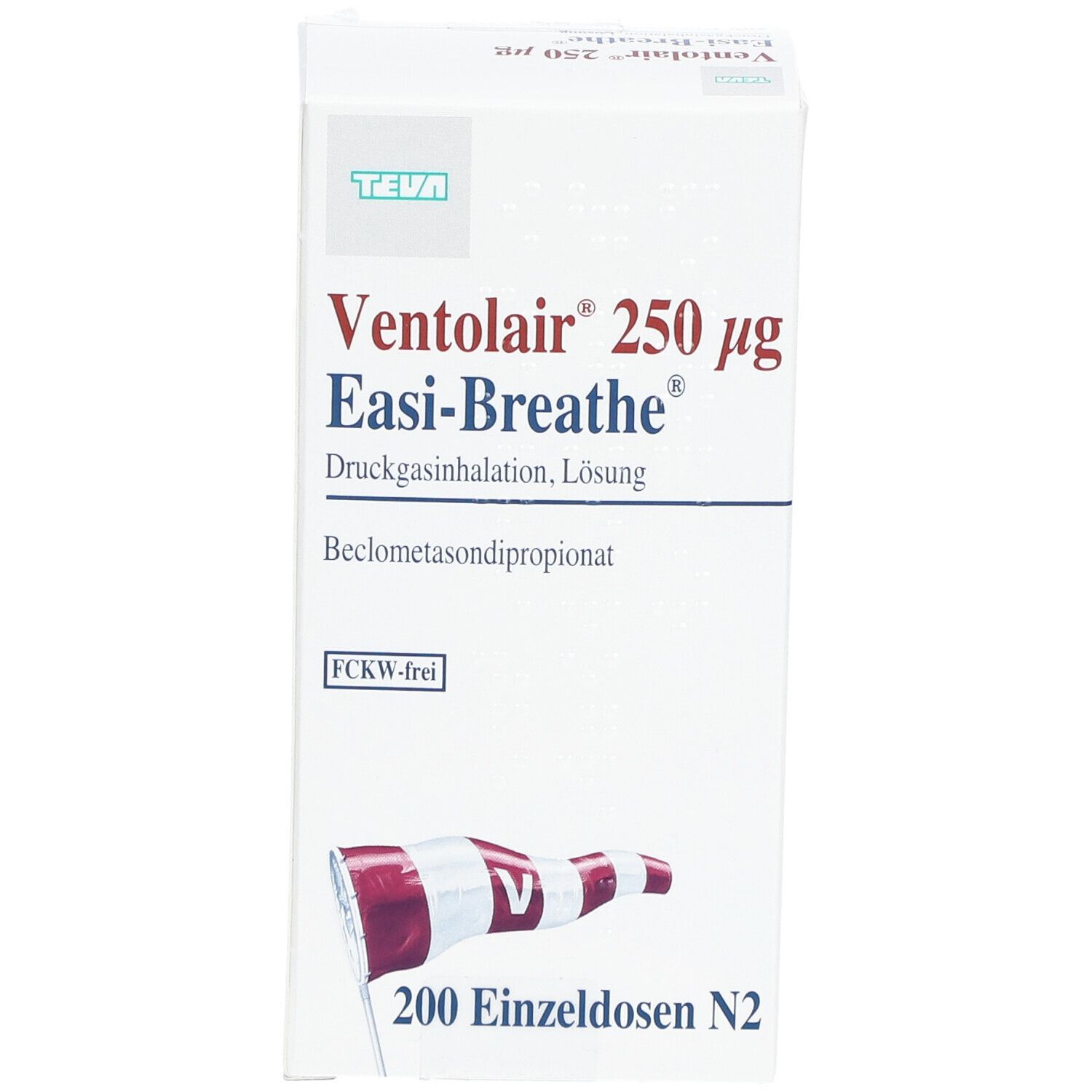Schachtel mit Ventolair 250 µg Easi-Breathe. Aufschrift: 200 Einzelosen N2. Logo TEVA. Windfahne.