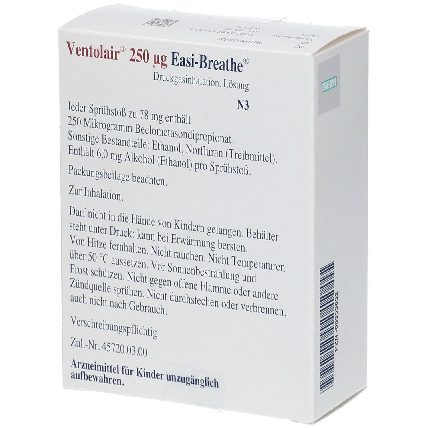 Weiße Verpackung mit Text. Schriftzug: Ventolair 250 µg Easi-Breathe. Text mit Inhaltsangaben und Warnhinweisen. Logo oben links.
