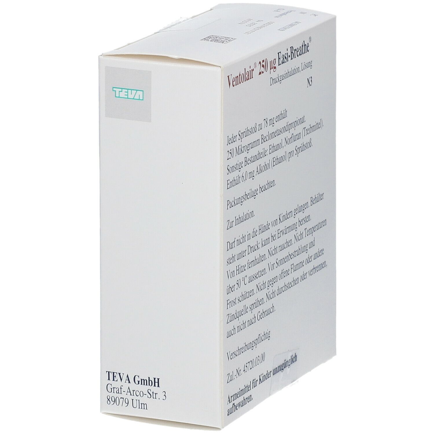 Weiße Verpackung, schräg. Text: Ventolair 250 µg Easi-Breathe. Text mit Inhaltsangaben und Warnhinweisen. Logo oben links.