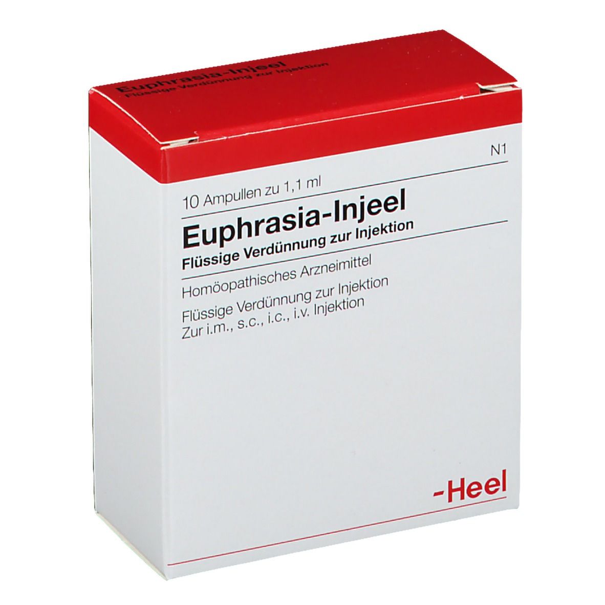 Weiße Schachtel mit rotem Deckel. Beschriftung: Euphrasia-Injeel, 10 Ampullen. Marke Heel.