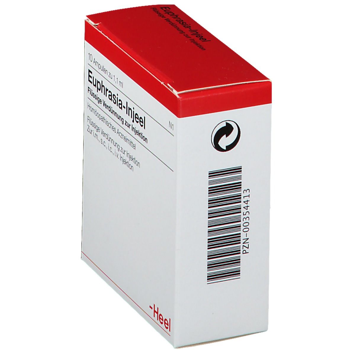 Weiße Schachtel mit rotem Deckel. Aufdruck: Euphrasia-Injeel. Barcode und PZN-Nummer auf der Seite.
