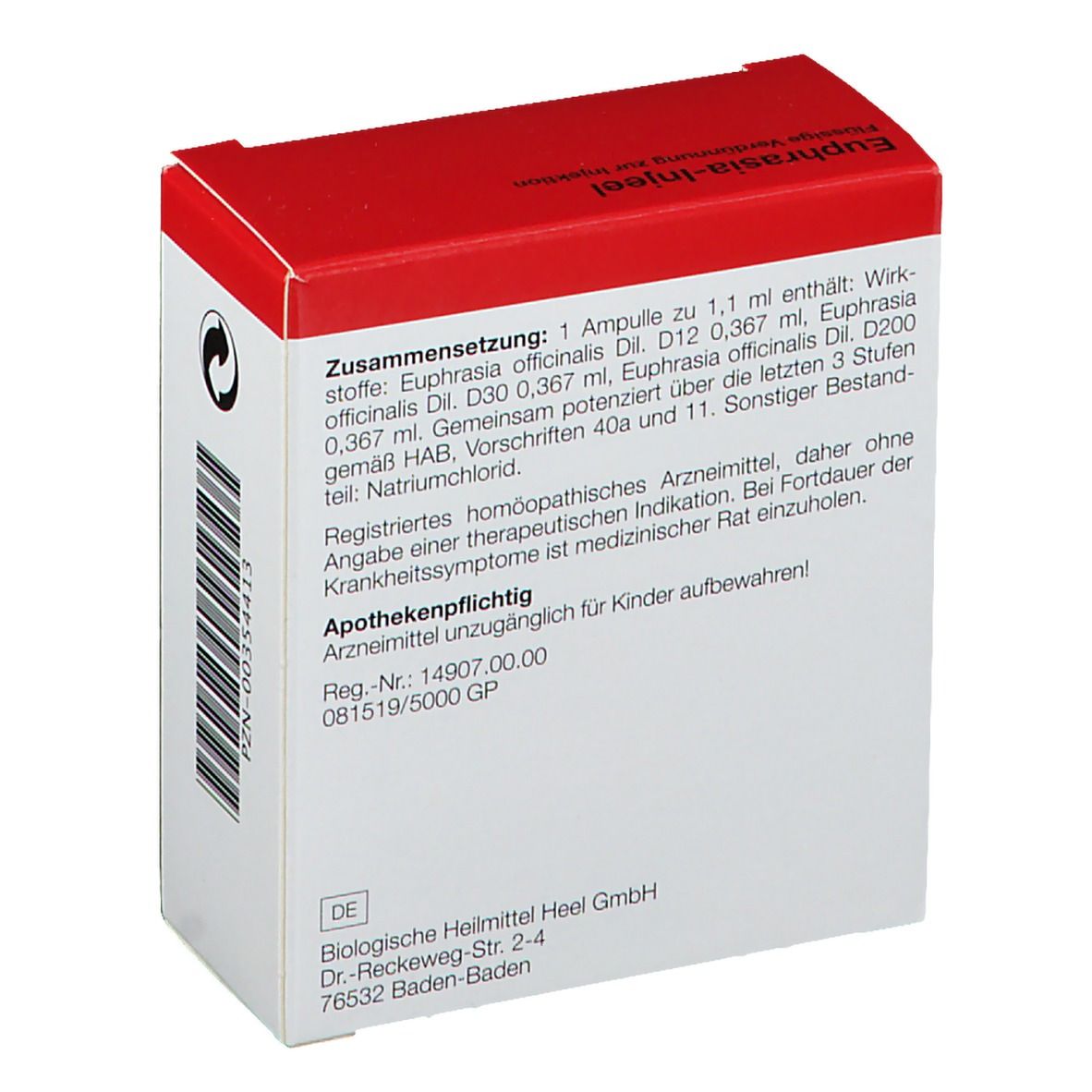 Rückseite einer weißen Schachtel mit rotem Deckel. Text: Zusammensetzung, homöopathisches Arzneimittel. Marke Heel.