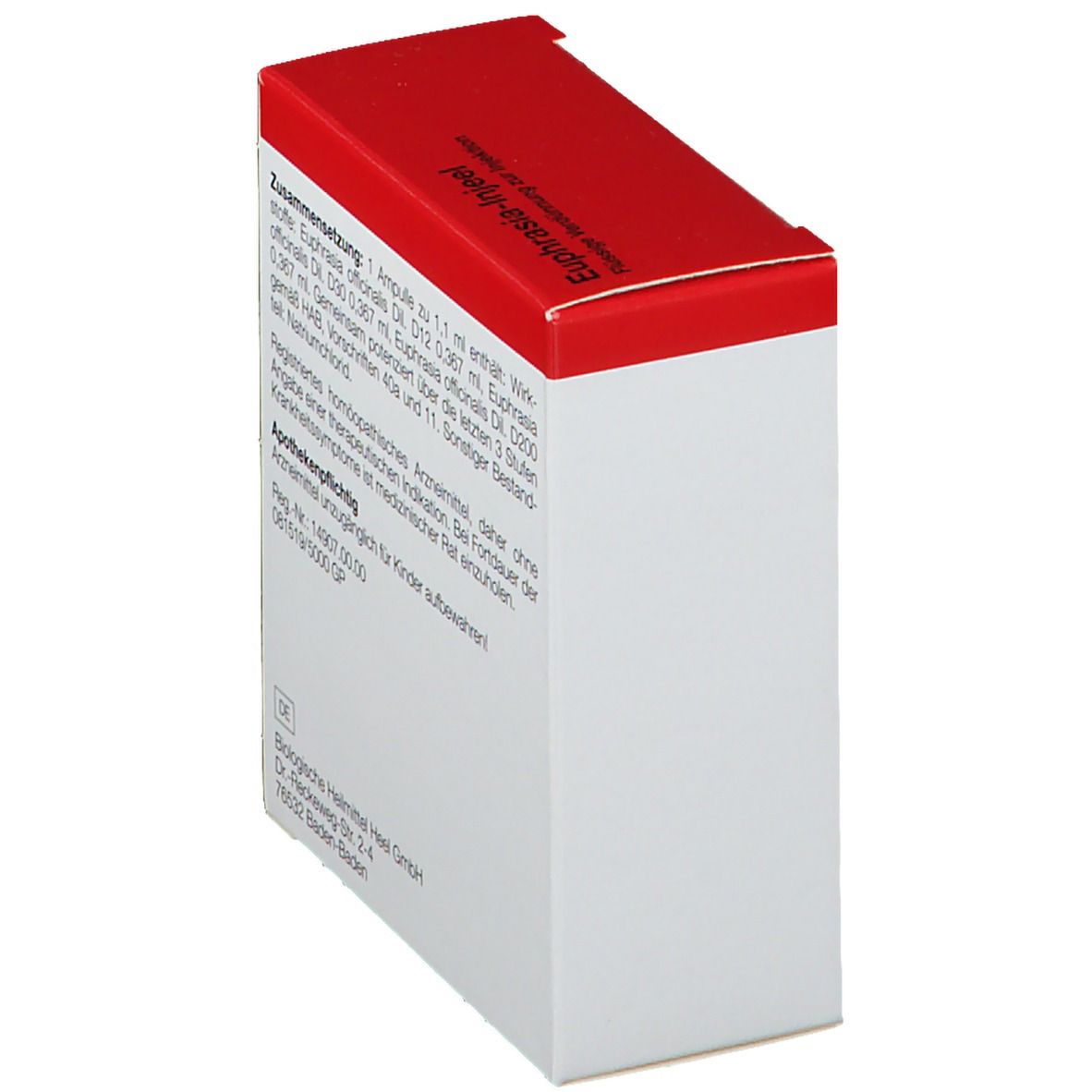 Weiße Schachtel mit rotem Deckel. Text: Euphrasia-Injeel. Apothekenpflichtig. Marke Heel.