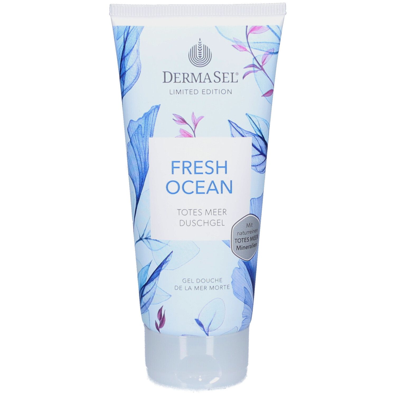 Tube Duschgel mit floralem Design. Aufschrift: FRESH OCEAN, Totes Meer Duschgel, Gel Douche de la Mer Morte. Marke: DERMASEL.