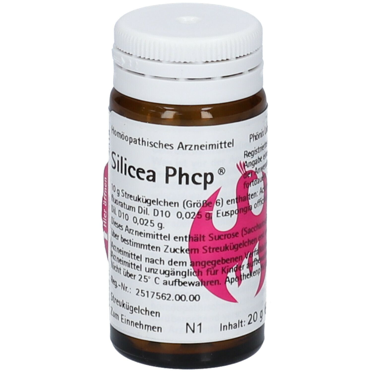 Braune Glasflasche mit weißem Deckel. Etikett mit Produktnamen Silicea Phcp® und Inhaltsangaben. Rosa Logo.