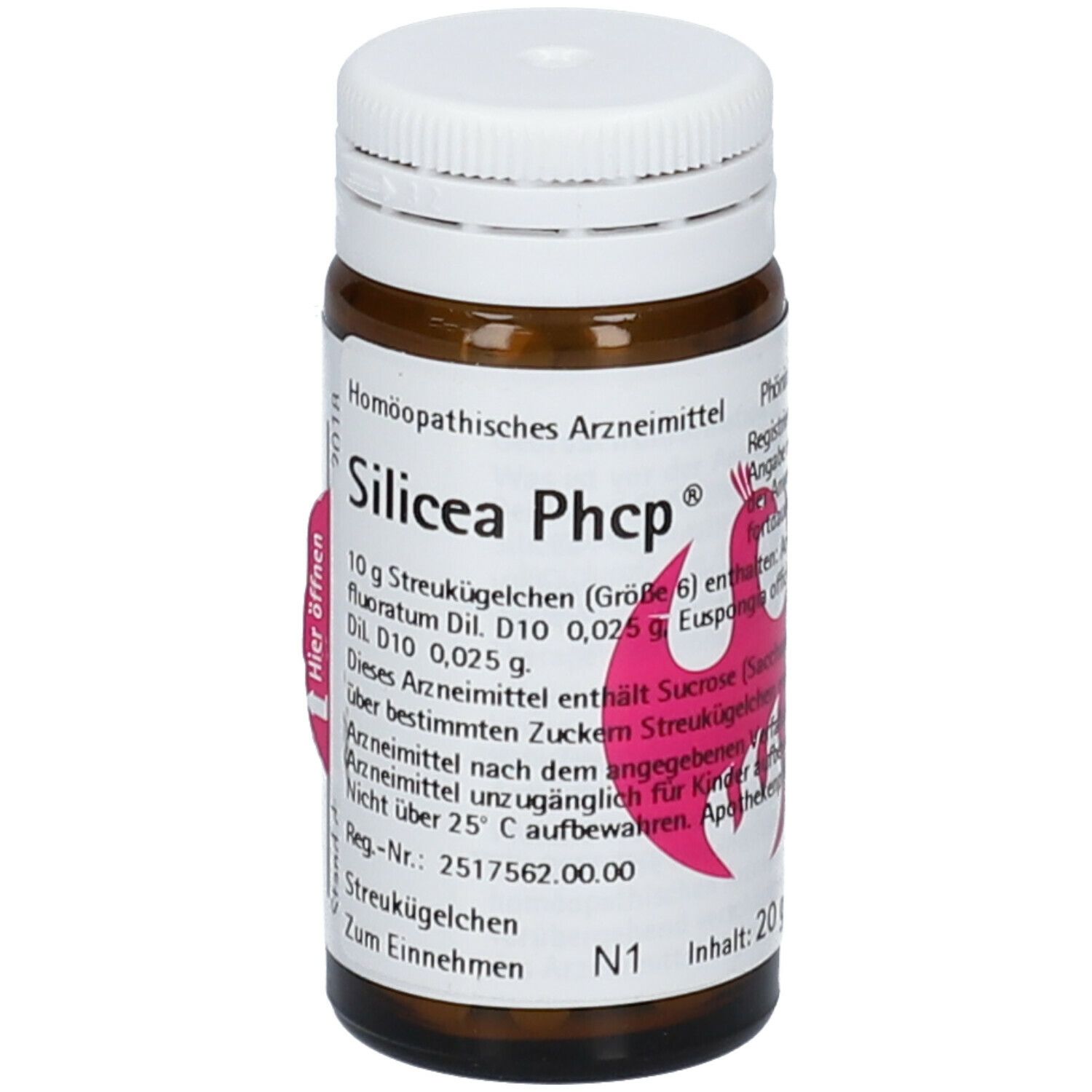 Braune Glasflasche mit weißem Deckel. Etikett mit Produktnamen Silicea Phcp® und Inhaltsangaben. Rosa Logo.