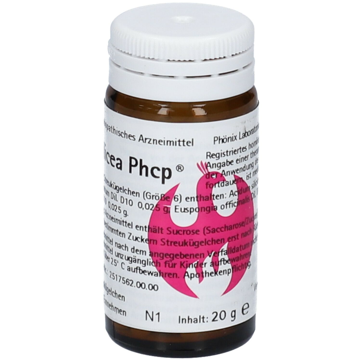 Braune Glasflasche mit weißem Deckel. Etikett mit Produktnamen Silicea Phcp® und Inhaltsangaben. Rosa Logo.