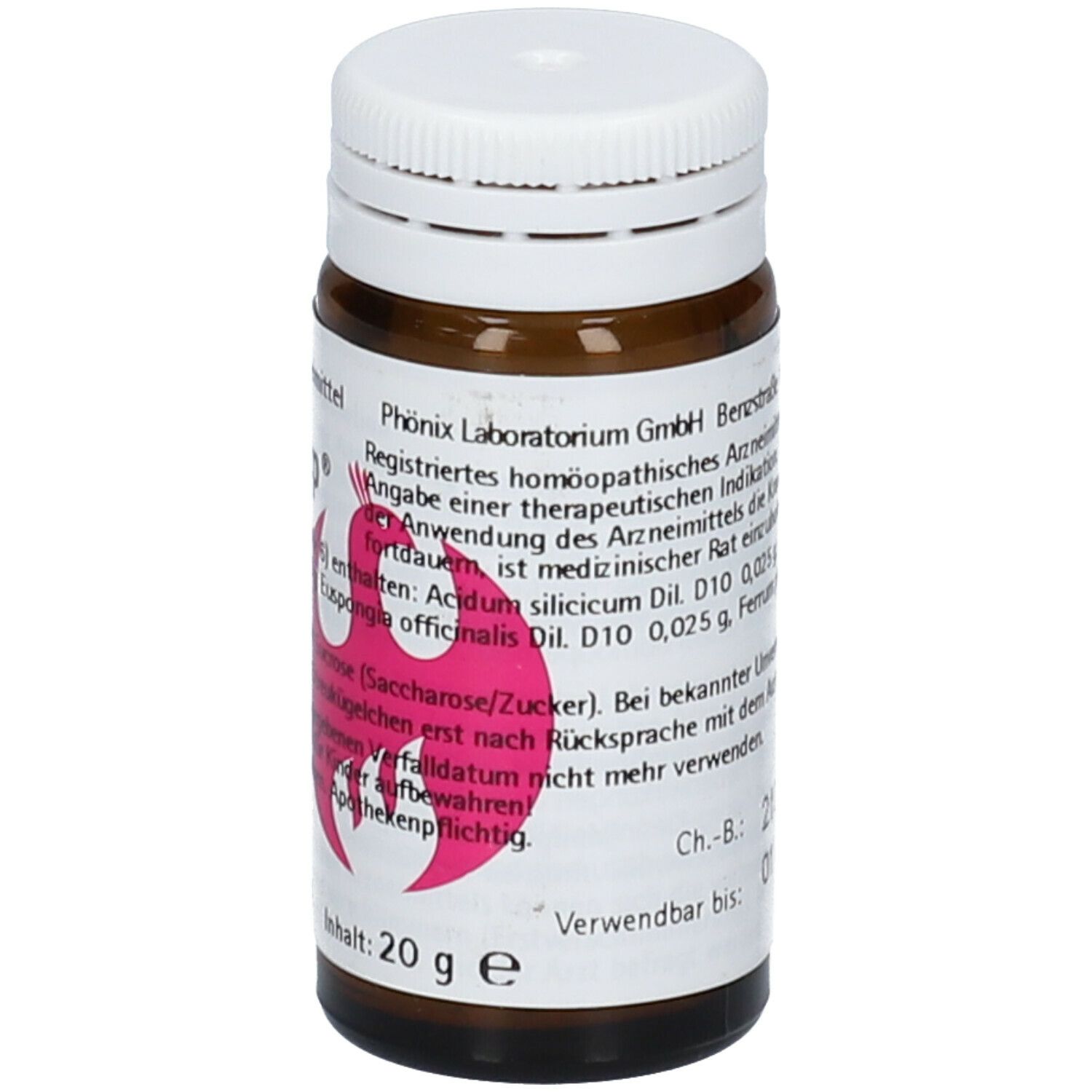 Braune Glasflasche mit weißem Deckel. Etikett mit Produktnamen Silicea Phcp® und Inhaltsangaben. Rosa Logo.