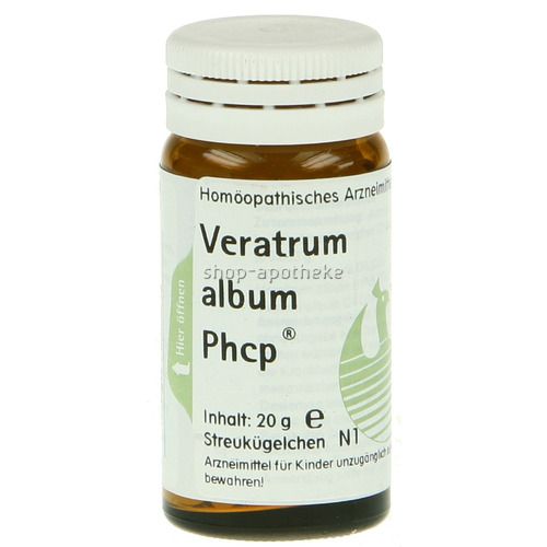 Braune Glasflasche mit weißem Deckel. Aufschrift: Veratrum album Phcp®. Enthält 20 g Streukügelchen.