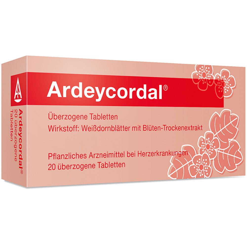 Ardeycordal Tabletten-Packung. Rote Schrift auf rosa Hintergrund. Enthält 20 überzogene Tabletten. Pflanzliches Arzneimittel.