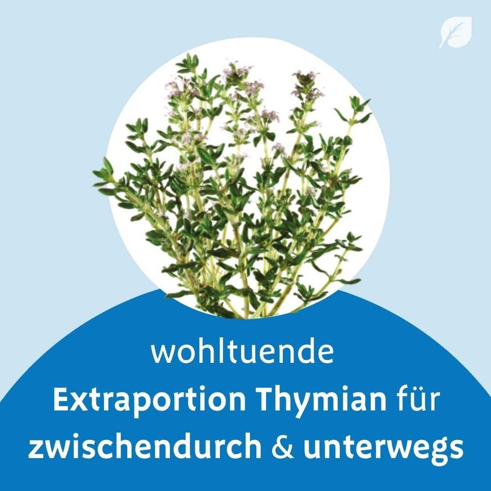 Thymian-Pflanze in weißem Kreis. Text: wohltuende Extraportion Thymian für zwischendurch & unterwegs.
