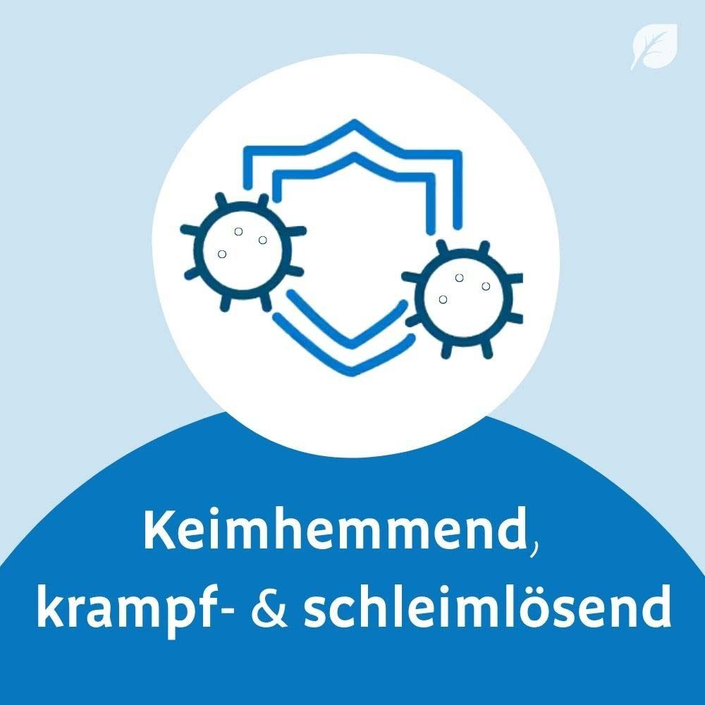 Symbol: Schutzschild mit Viren. Text: Keimhemmend, krampflösend & schleimlösend.
