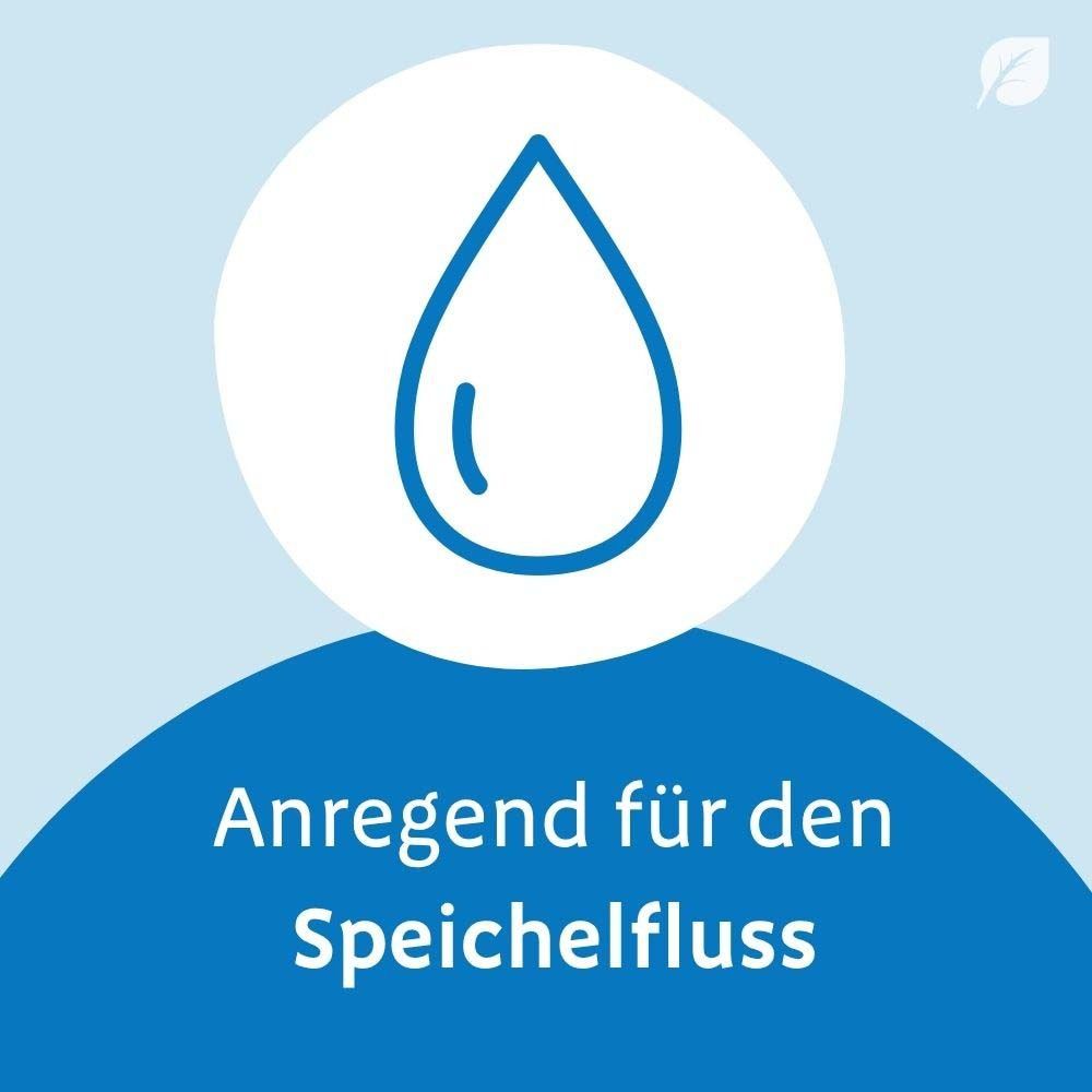 Tropfen-Symbol. Text: Anregend für den Speichelfluss.