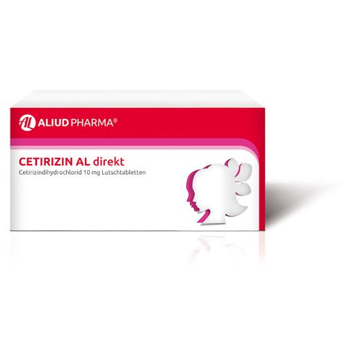 Verpackung mit rotem und weißem Design. Aufschrift: CETIRIZIN AL direkt, Aliud Pharma. Abbildung eines Profils.