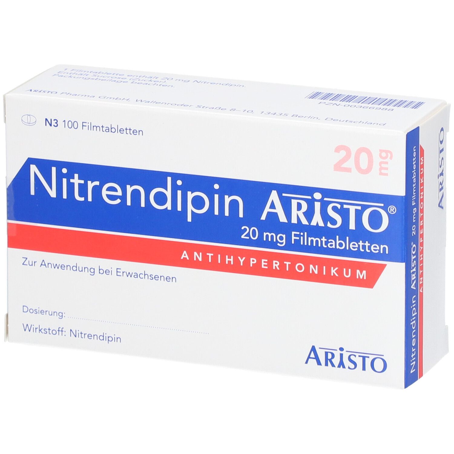 Nitrendipin Aristo 20 mg Filmtabletten 100 St