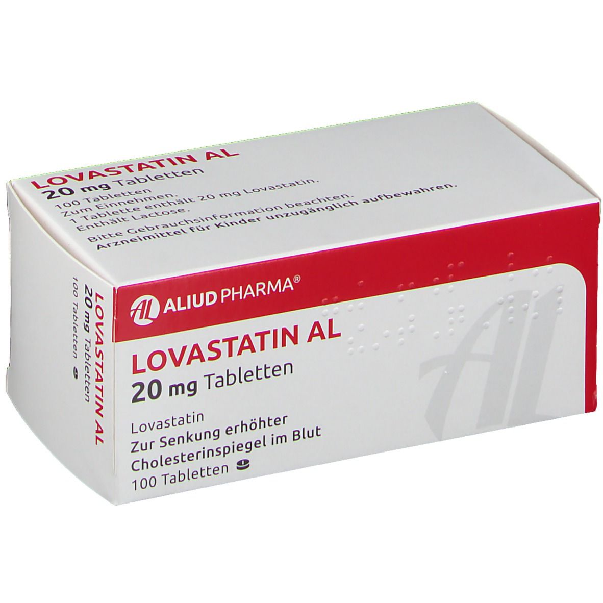 Weiß-rote Schachtel mit LOVASTATIN AL 20 mg Tabletten. Text: AL, 20 mg Tabletten, 100 Tabletten, ALIUD PHARMA. Zur Senkung erhöhter Cholesterinspiegel.