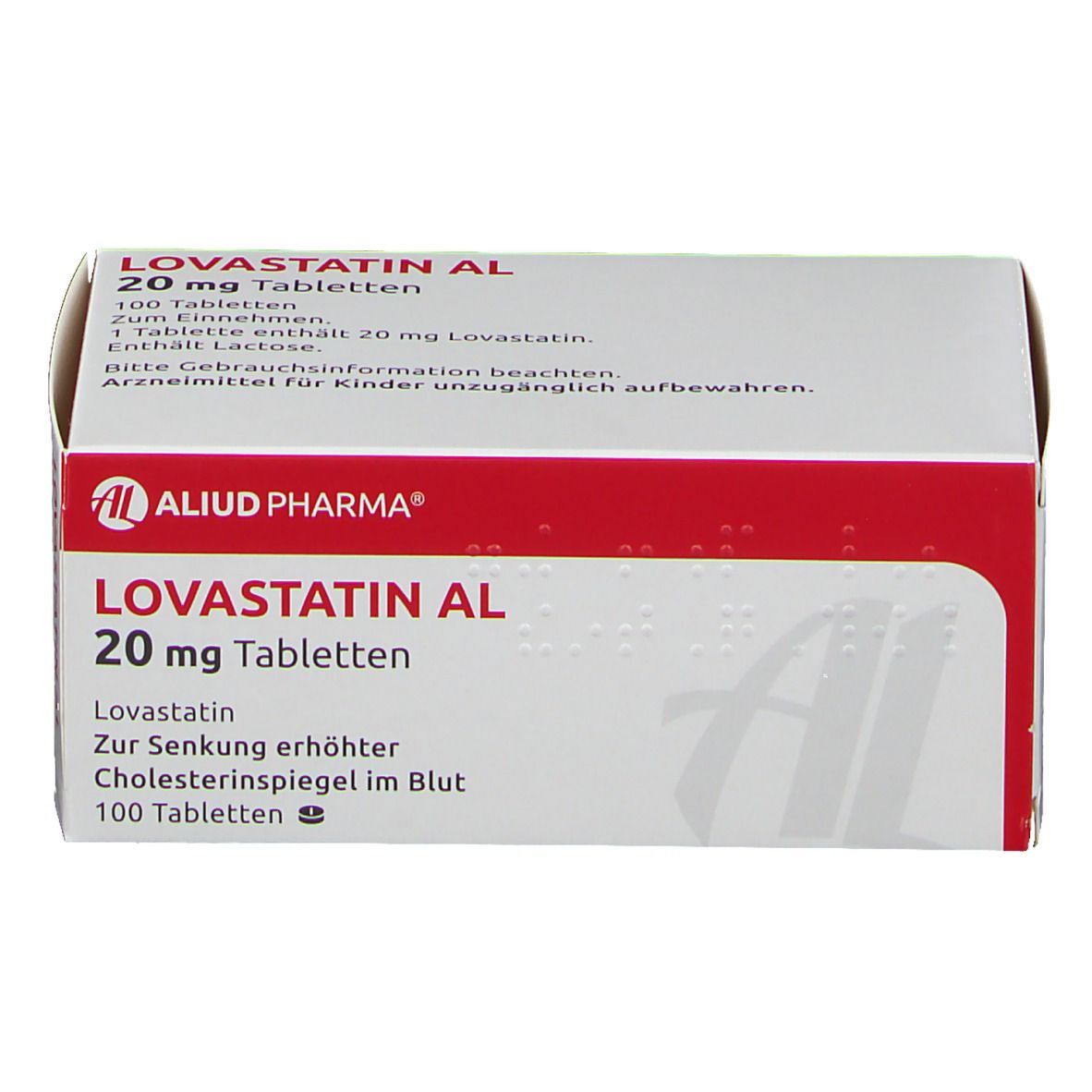 Weiß-rote Schachtel mit LOVASTATIN AL 20 mg Tabletten. Text: AL, 20 mg Tabletten, 100 Tabletten, ALIUD PHARMA. Zur Senkung erhöhter Cholesterinspiegel.