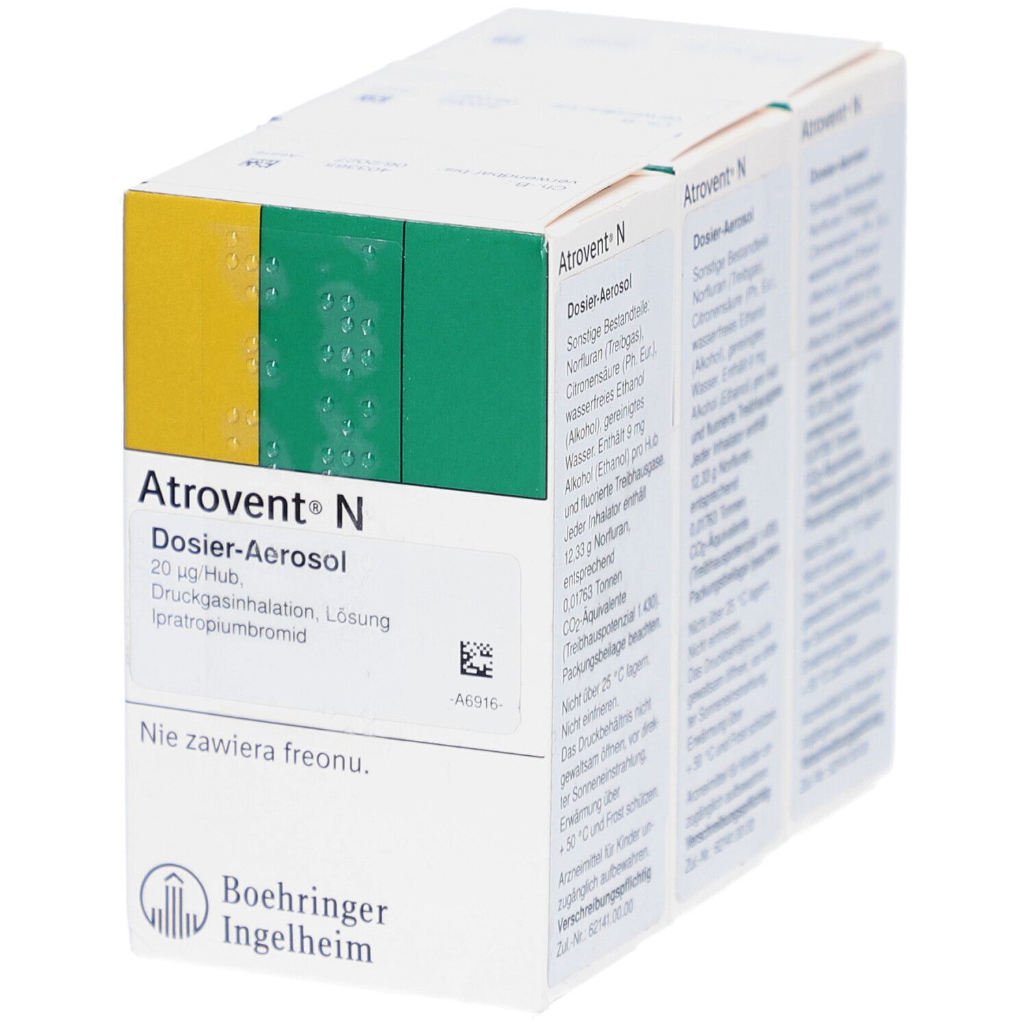 Schachtel mit Atrovent N Dosieraerosol. Grün-gelbe Farbgebung. Text: Dosier-Aerosol, Ipratropiumbromid. Logo Boehringer Ingelheim.