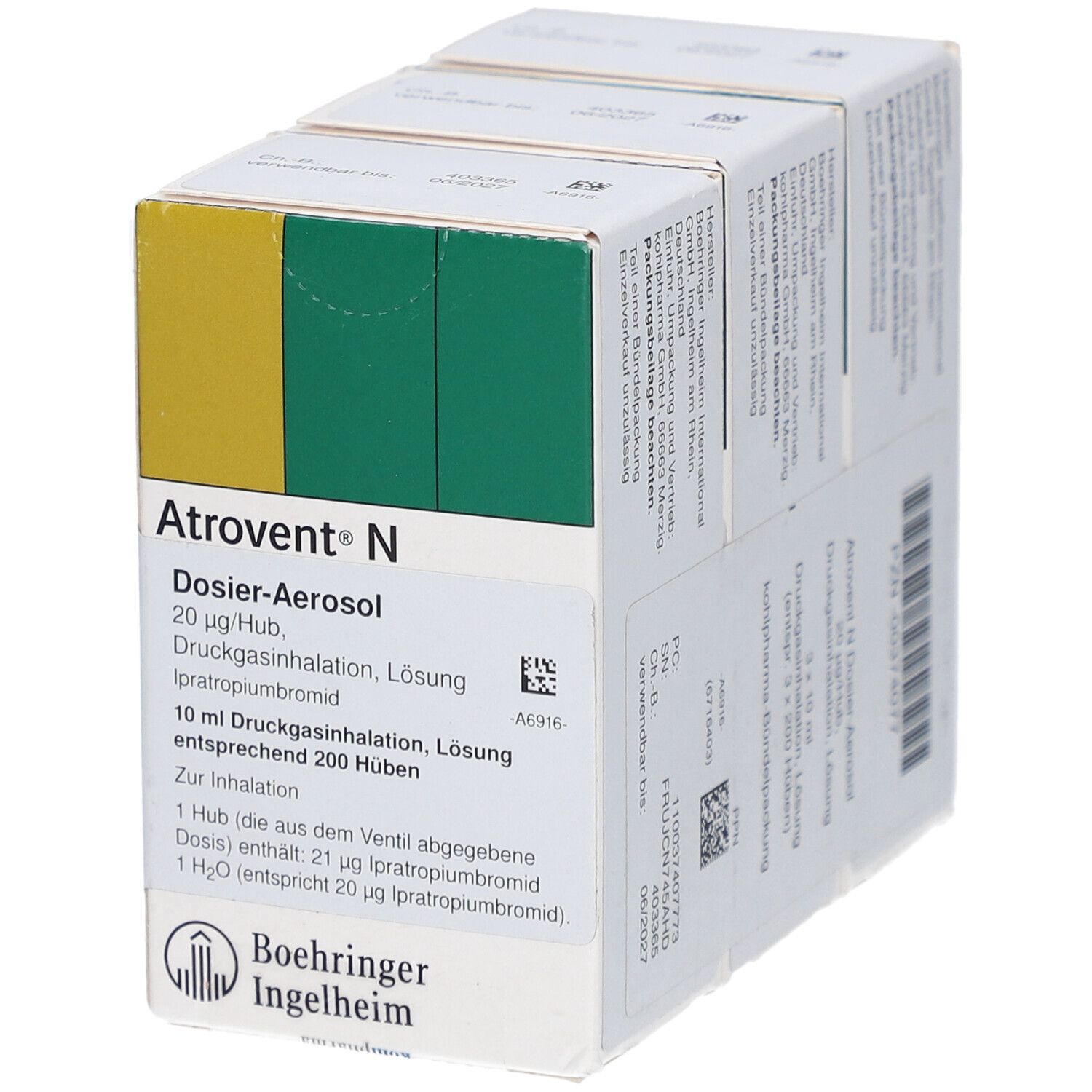 Drei Packungen Atrovent N Dosieraerosol, teilweise überlappend. Text: Dosier-Aerosol, Ipratropiumbromid. Logo Boehringer Ingelheim.