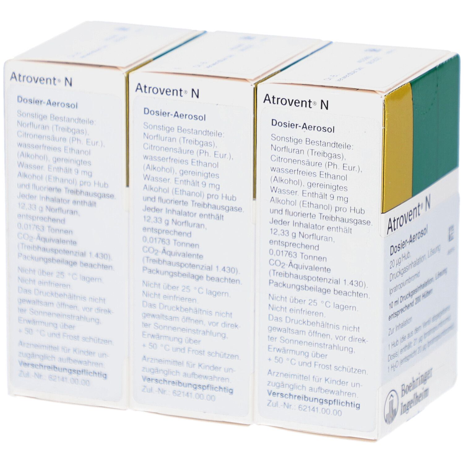 Drei Packungen Atrovent N Dosieraerosol nebeneinander. Text: Dosier-Aerosol, Ipratropiumbromid. Rückseite mit Inhaltsstoffen.