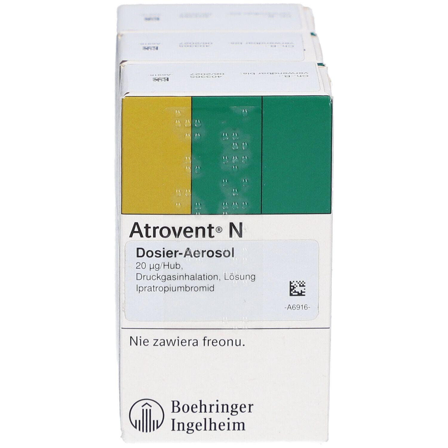 Packung Atrovent N Dosieraerosol. Grün-gelbe Farbgebung. Text: Dosier-Aerosol, Ipratropiumbromid. Logo Boehringer Ingelheim.