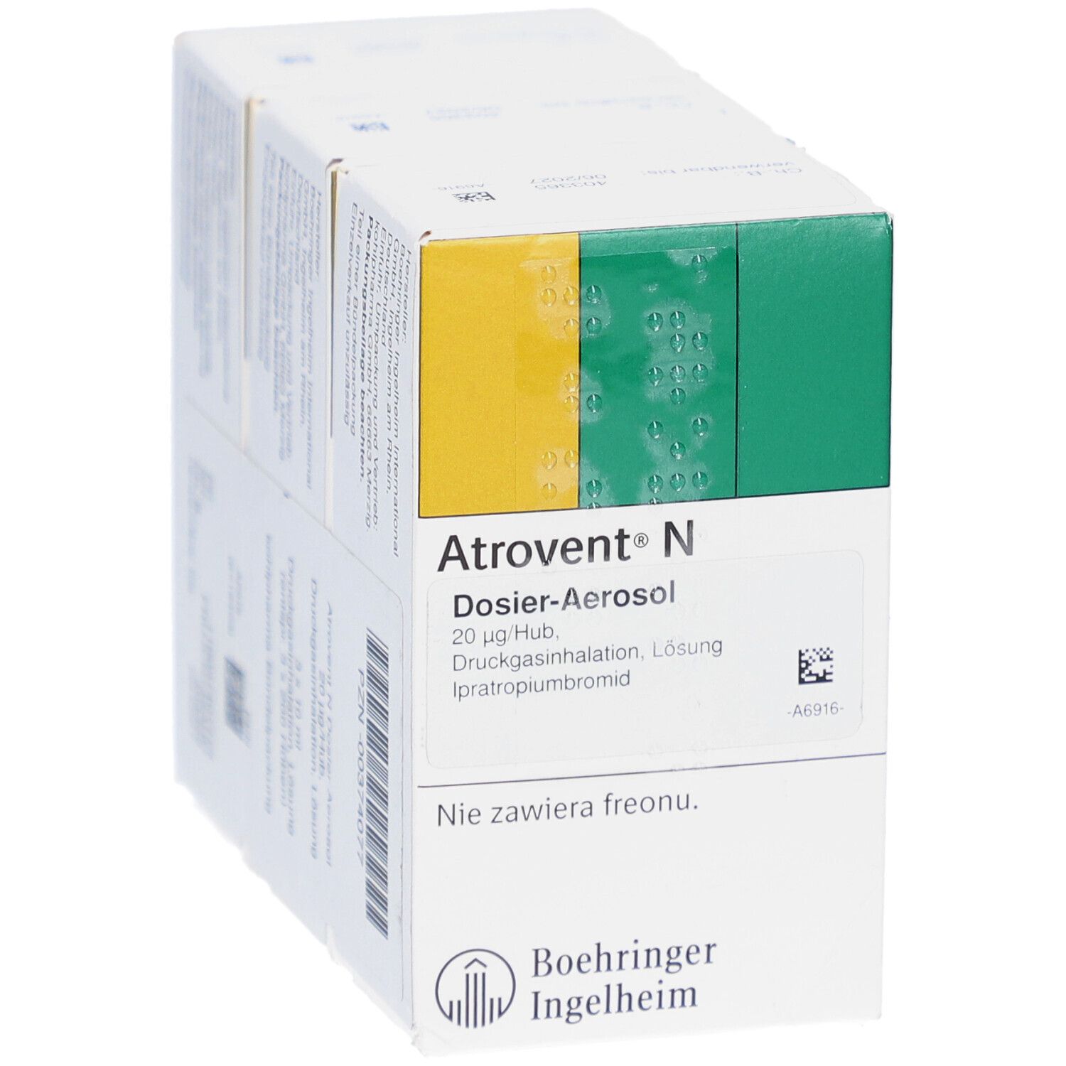 Zwei Packungen Atrovent N Dosieraerosol, teilweise überlappend. Text: Dosier-Aerosol, Ipratropiumbromid. Logo Boehringer Ingelheim.