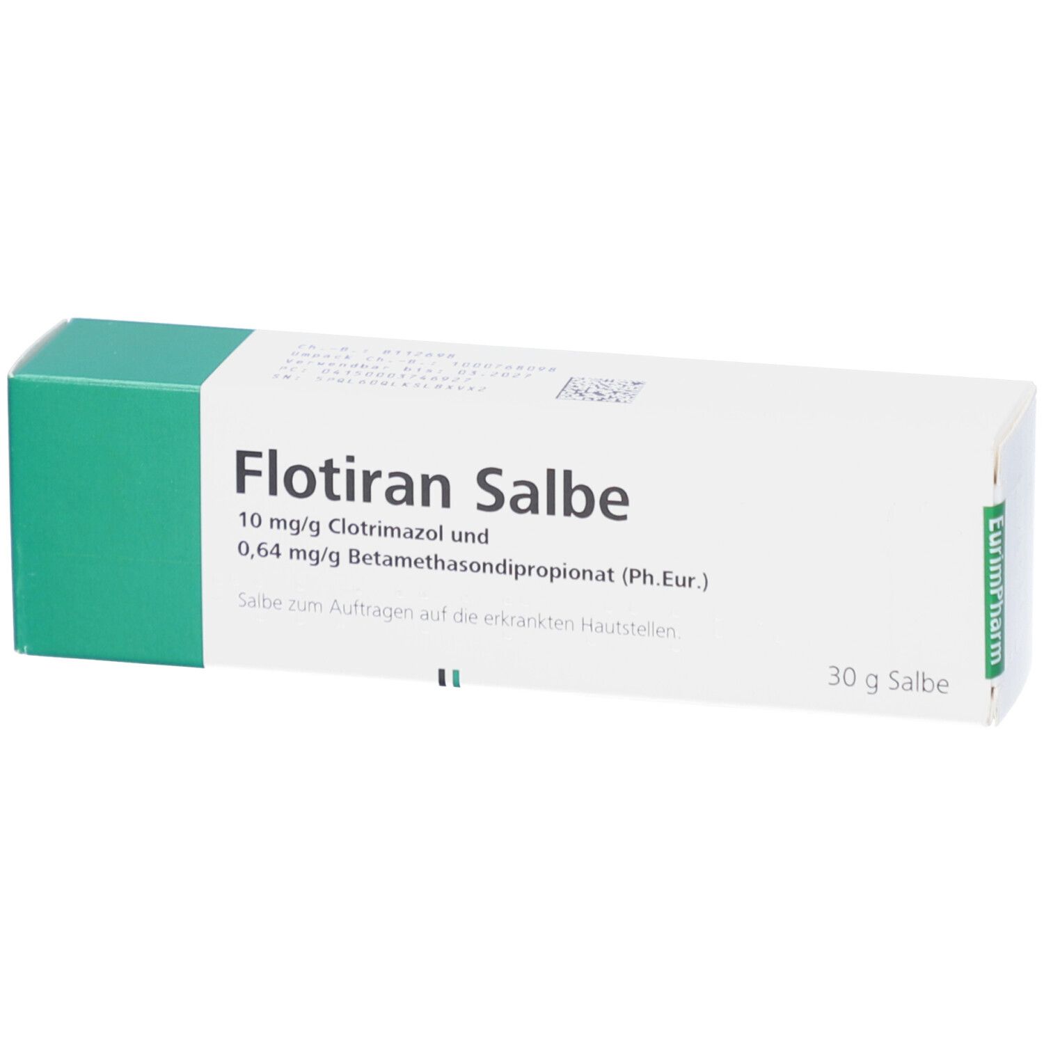 Weiße Faltschachtel mit grünen Akzenten. Aufschrift: Flotiran Salbe, 10 mg/g Clotrimazol und 0,64 mg/g Betamethasondipropionat. 30 g Salbe.