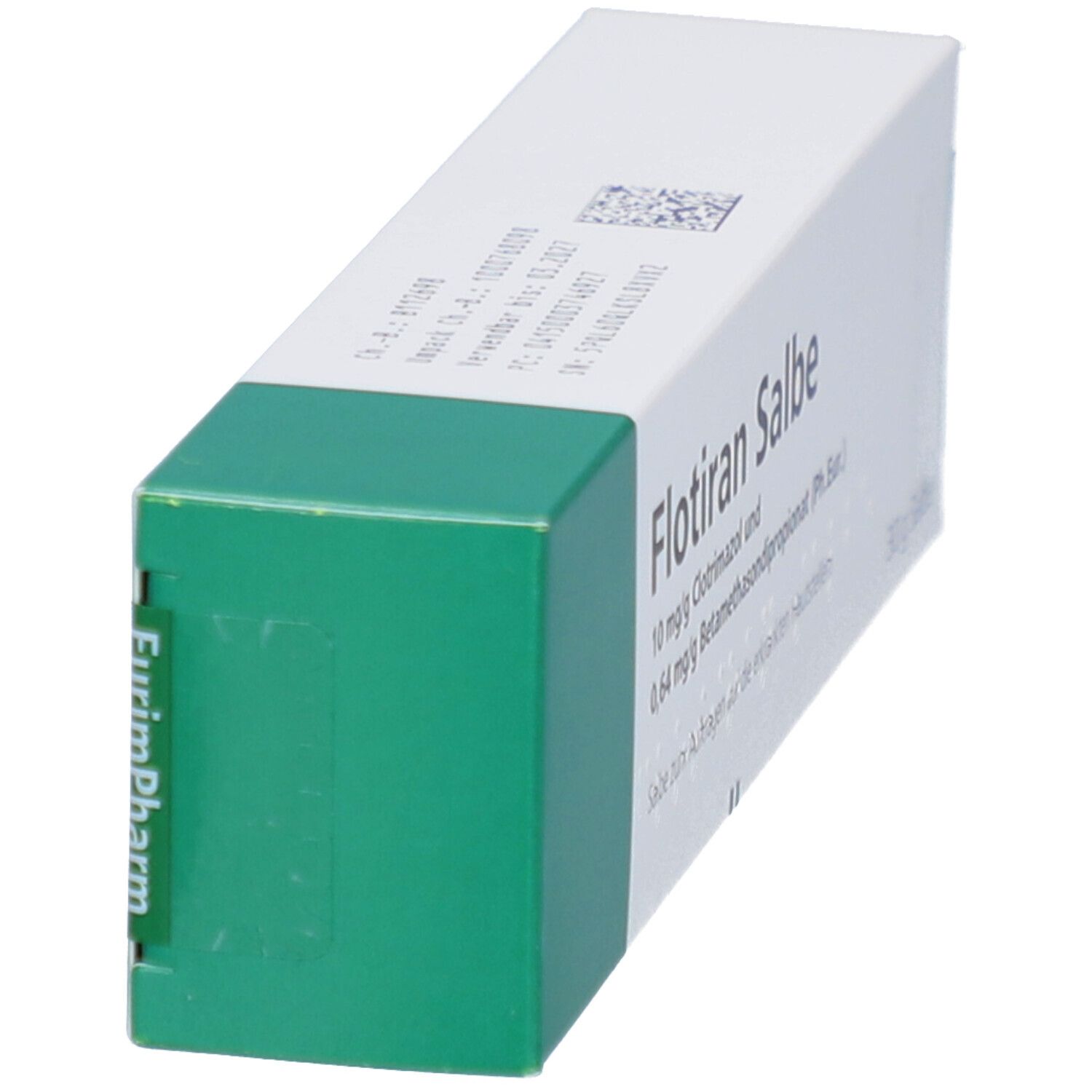 Schachtel mit grüner Oberseite und weißer Seite. Aufschrift: Flotiran Salbe. Hersteller EurimPharm Arzneimittel GmbH. Barcode und weitere Informationen.