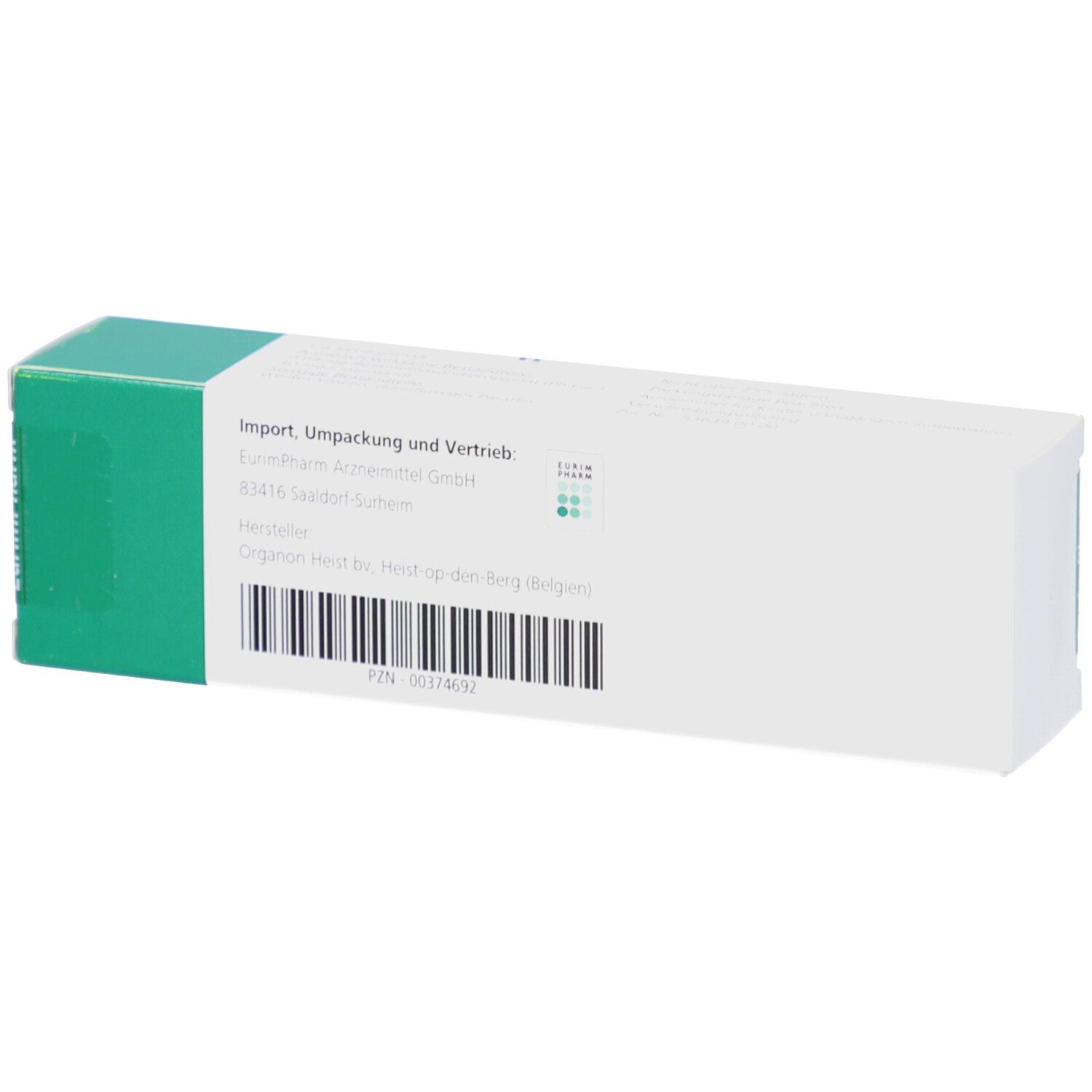 Weiße Schachtel mit grünem Deckel. Aufschrift: Import, Verpackung und Vertrieb. Barcode und weitere Informationen. Hersteller: Organon Heist.