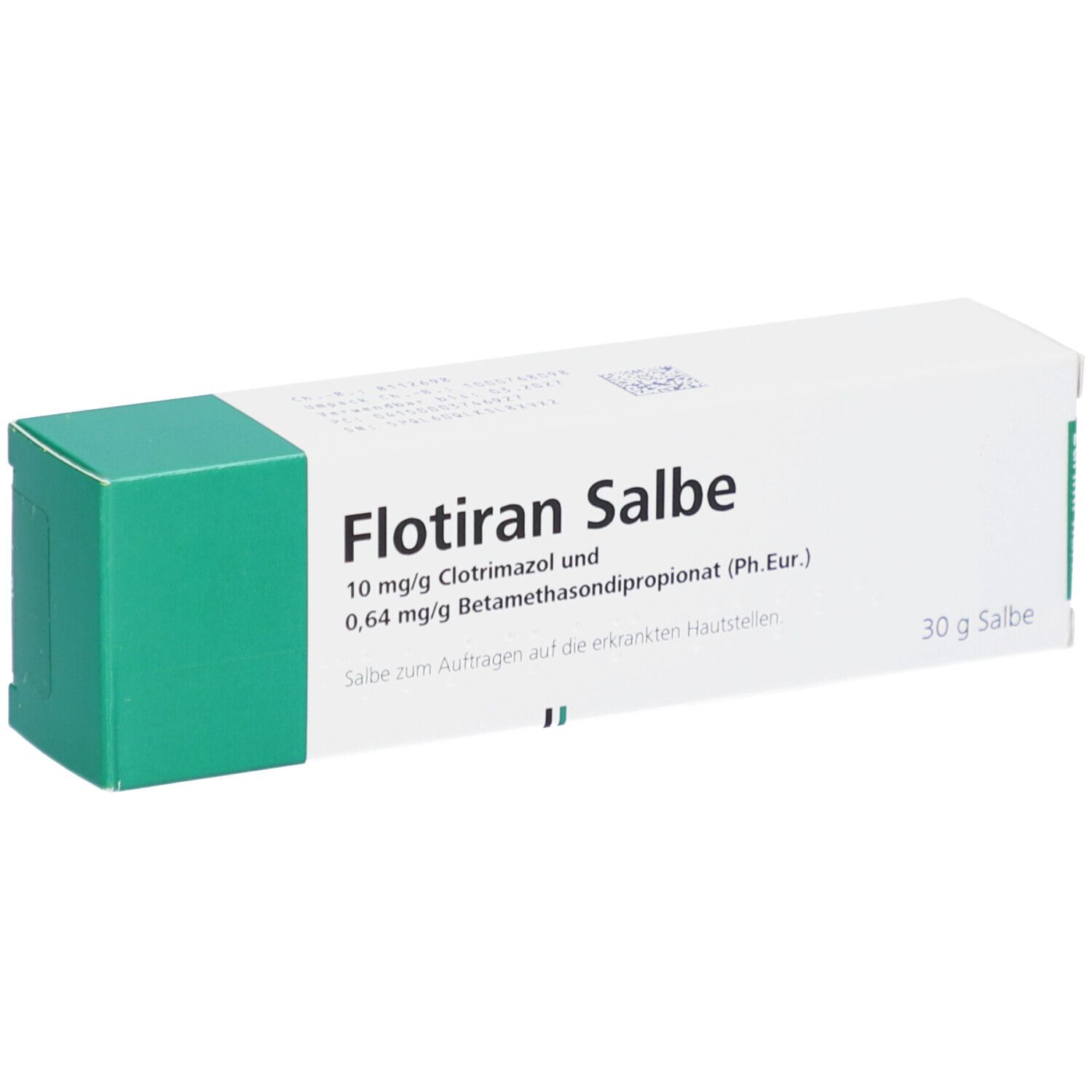 Weiße Faltschachtel mit grünen Akzenten. Aufschrift: Flotiran Salbe, 10 mg/g Clotrimazol und 0,64 mg/g Betamethasondipropionat. 30 g Salbe.