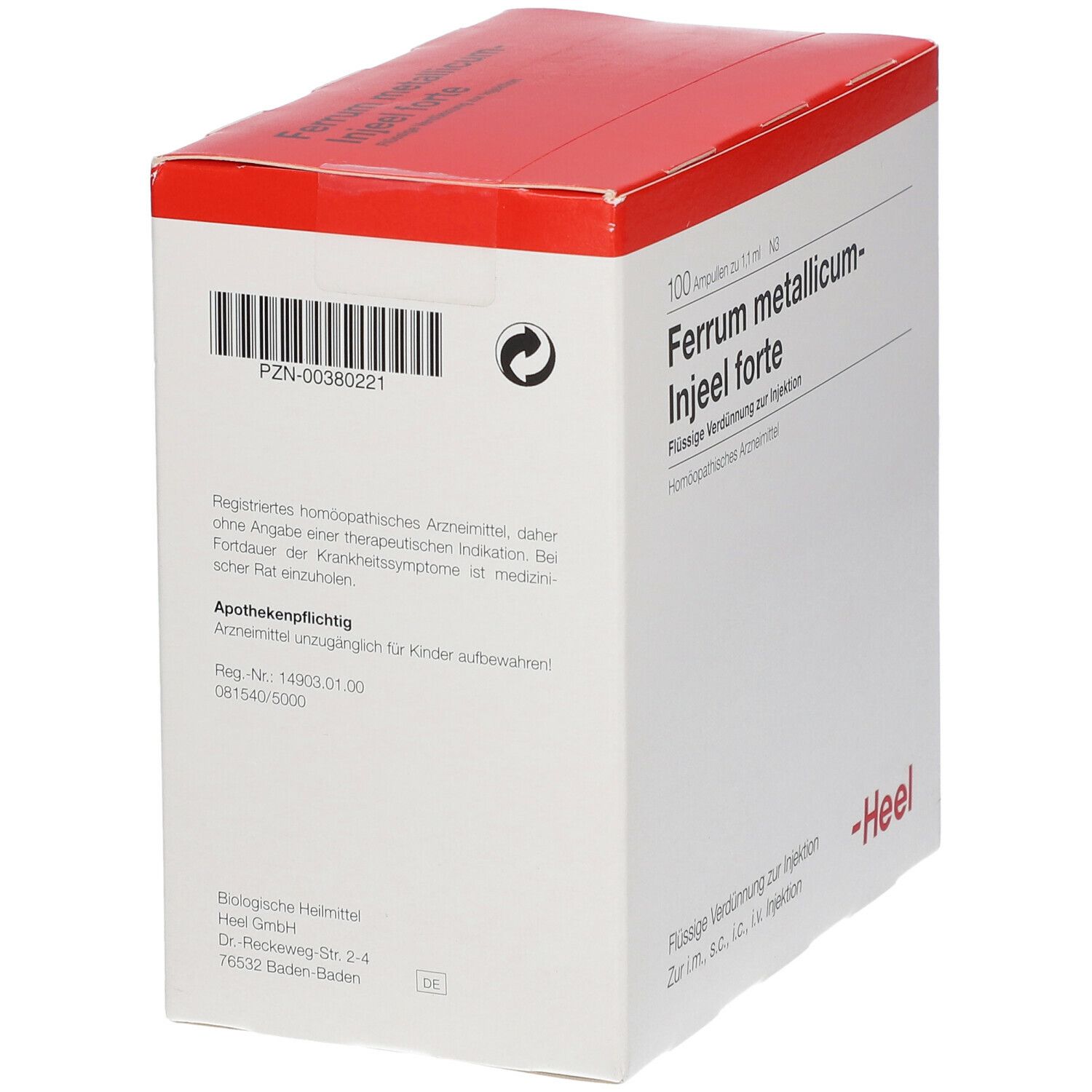 Ferrum metallicum-Injeel forte, Packung. Weißer Karton mit rotem Deckel. Text: Flüssige Verdünnung zur Injektion. Heel-Logo.