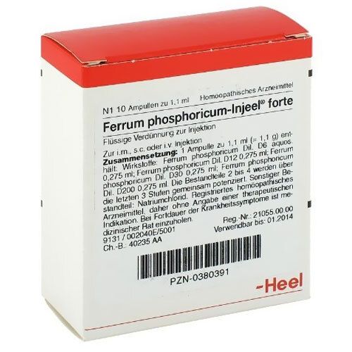 Karton mit rotem Deckel. Beschriftung: Ferrum phosphoricum-Injeel forte, 10 Ampullen, 1,1 ml. Marke: Heel.