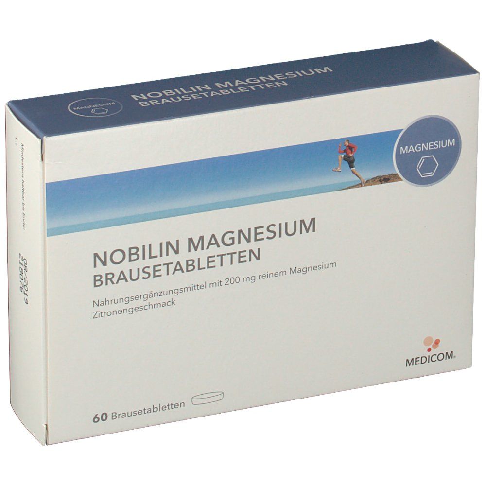 Schachtel NOBILIN Magnesium Brausetabletten. 60 Tabletten. Text: Magnesium, MEDICOM. Abbildung eines Läufers.