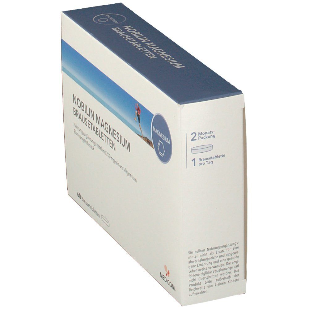 Schachtel NOBILIN Magnesium Brausetabletten. Seitenansicht. Text: 2 Monats-Packung, 1 Brausetablette pro Tag, MEDICOM.