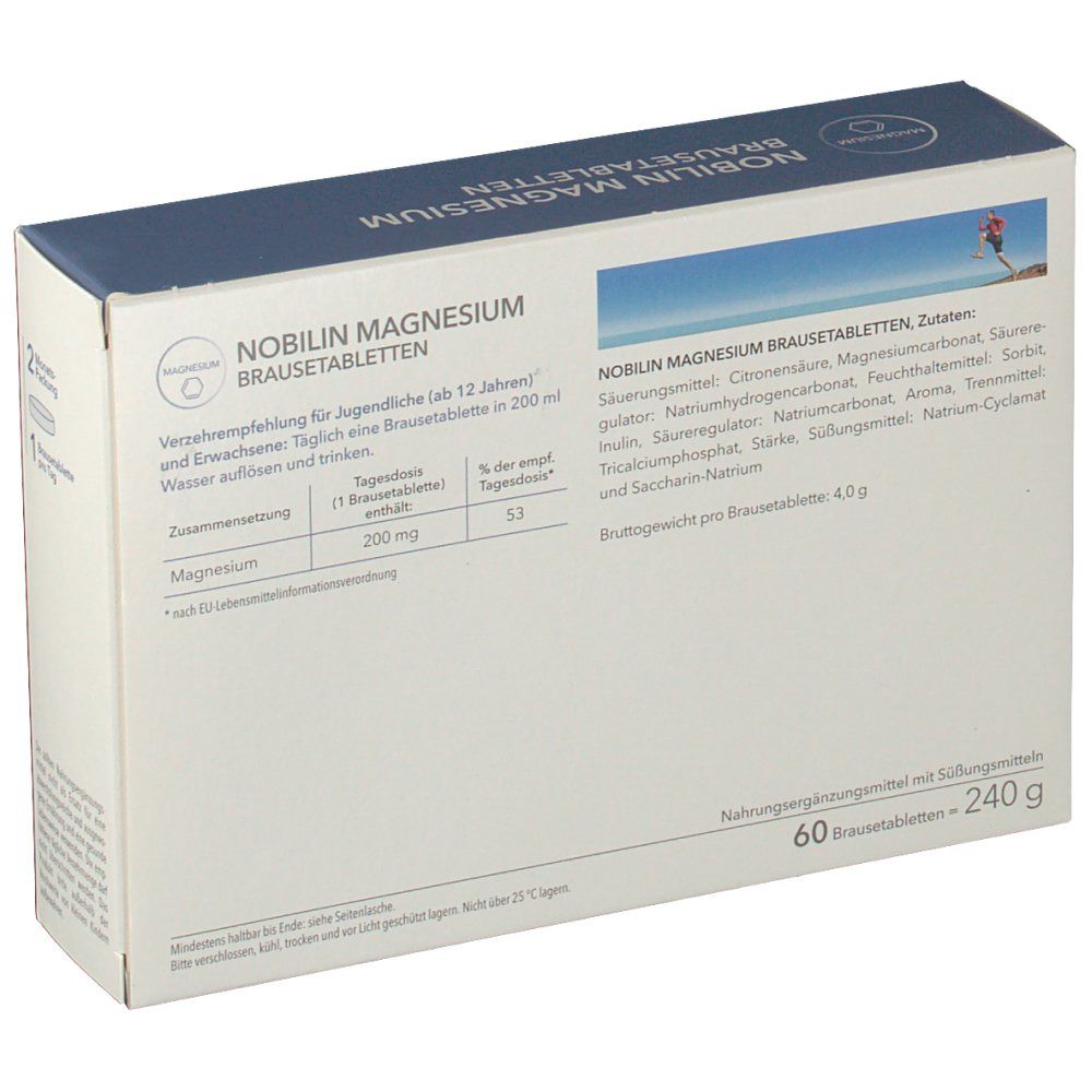 Rückseite der Schachtel NOBILIN Magnesium Brausetabletten. Text: Zutaten, 60 Brausetabletten, 240g, MEDICOM.