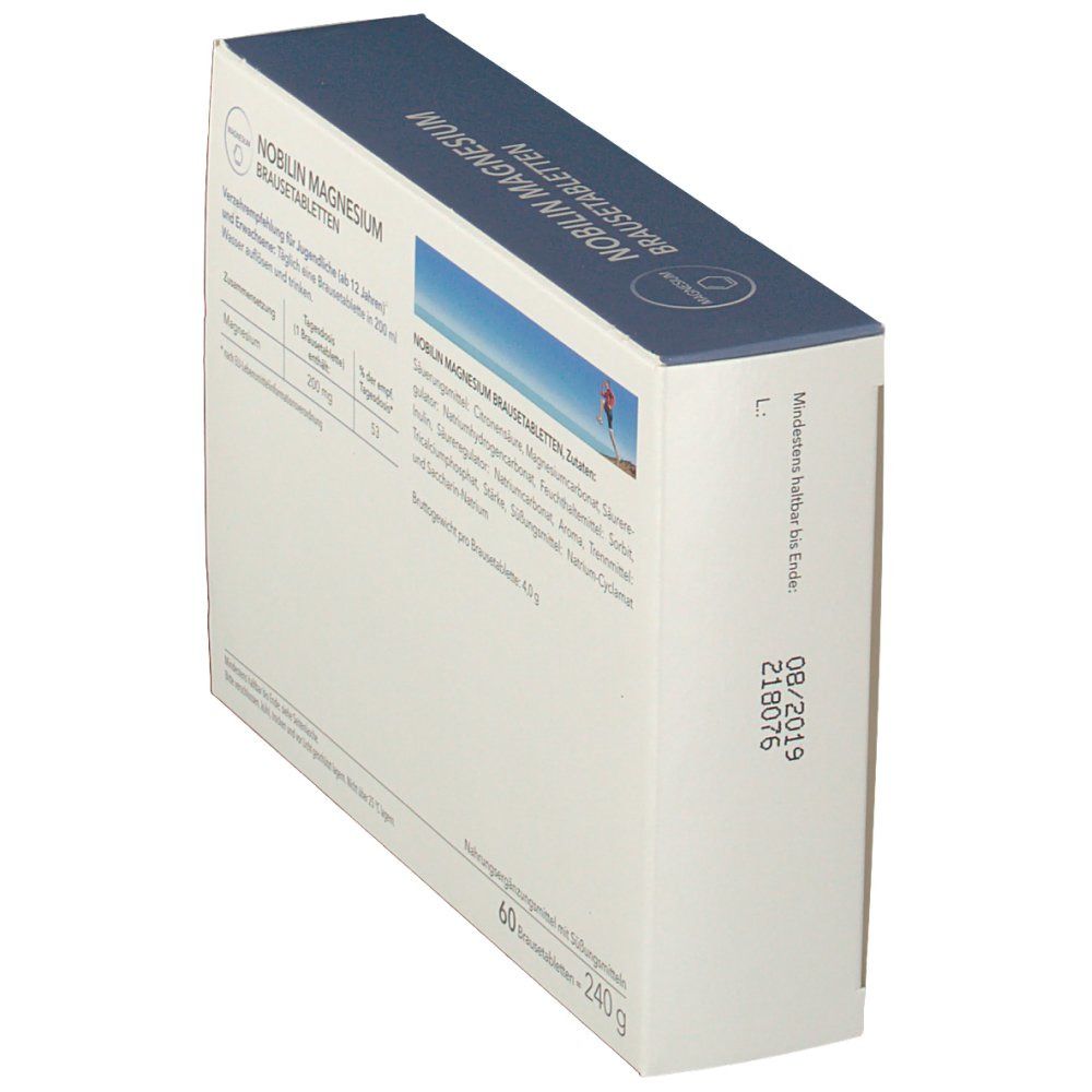 Schachtel NOBILIN Magnesium Brausetabletten. Seitenansicht. Text: 60 Brausetabletten, 240g, Mindestens haltbar bis 08/2019.