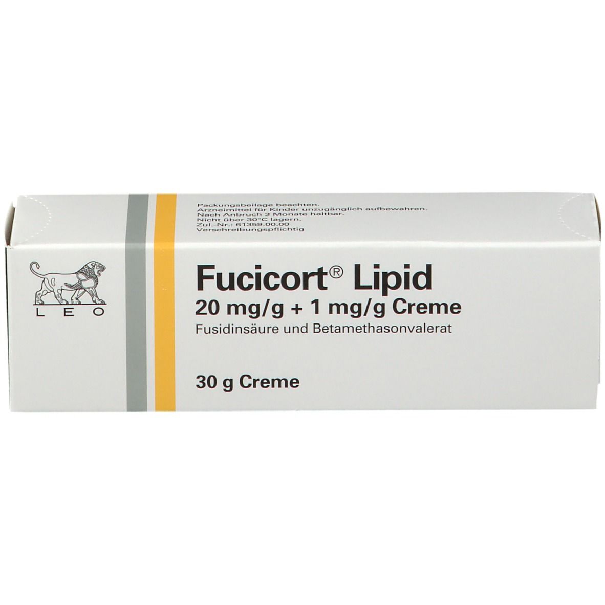 Weiße Faltschachtel mit Fucicort® Lipid, 20 mg/g + 1 mg/g Creme. 30 g Creme. Logo: Löwe.