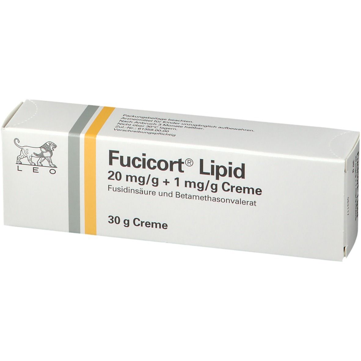 Weiße Faltschachtel mit Fucicort® Lipid, 20 mg/g + 1 mg/g Creme. 30 g Creme. Logo: Löwe.