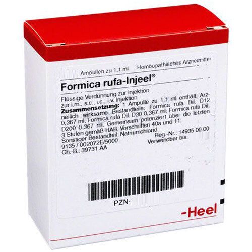Formica rufa-Injeel® Ampullen-Packung. Weißer Karton mit rotem Deckel. Text und Logo von Heel.